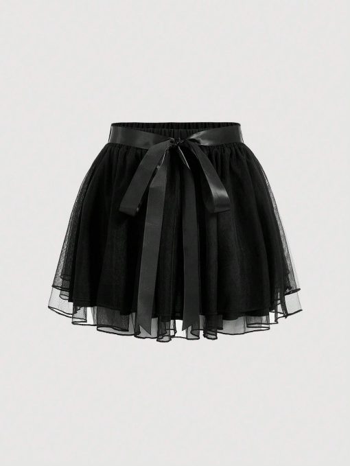 SHEIN MOD Women's Mesh Black Mini Skirt With Belt