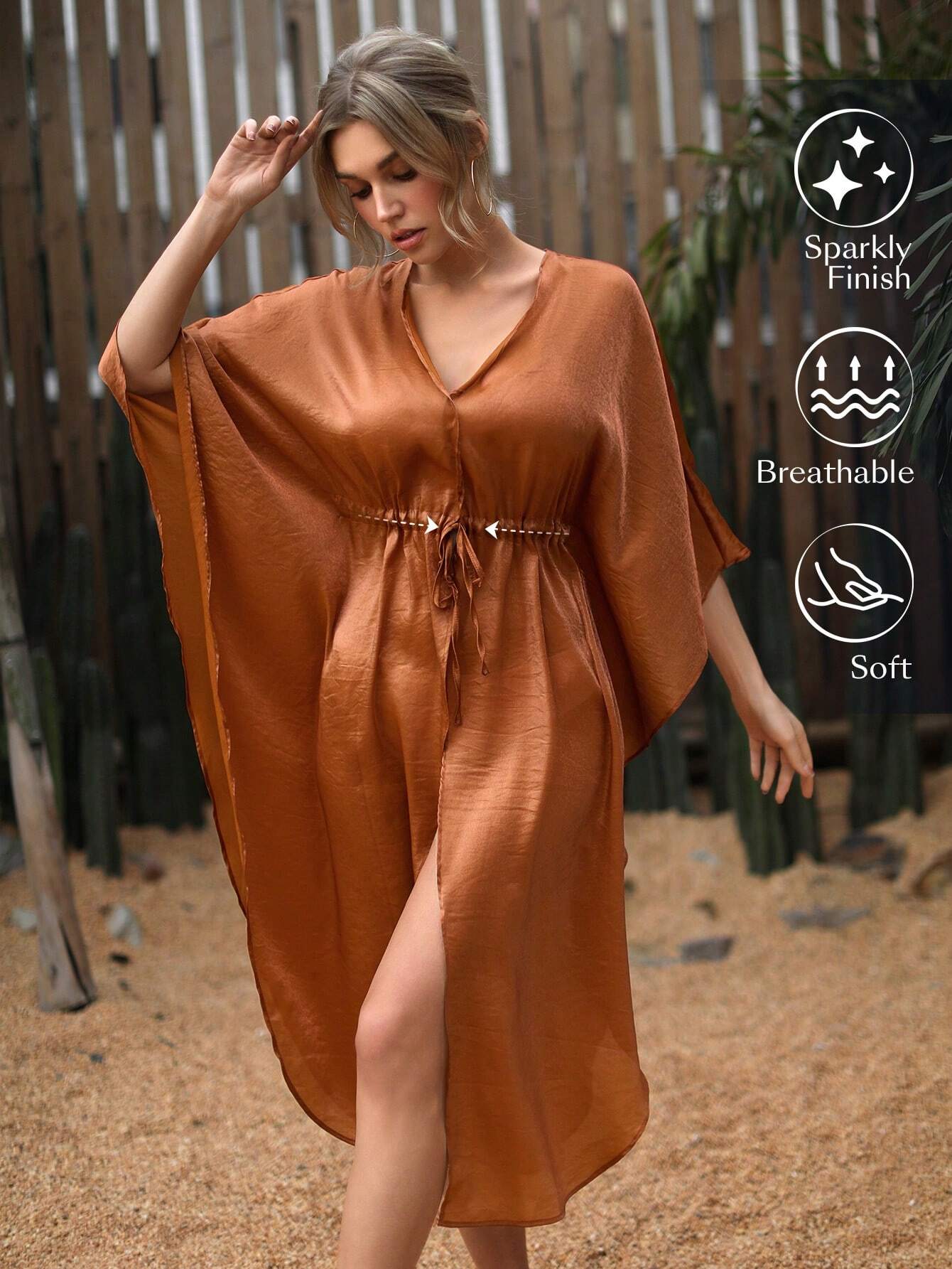 SHEIN Swim Chicsea Women'S Solid Color Batwing Sleeve Kimono Cardigan With Drawstring Waist Carnival