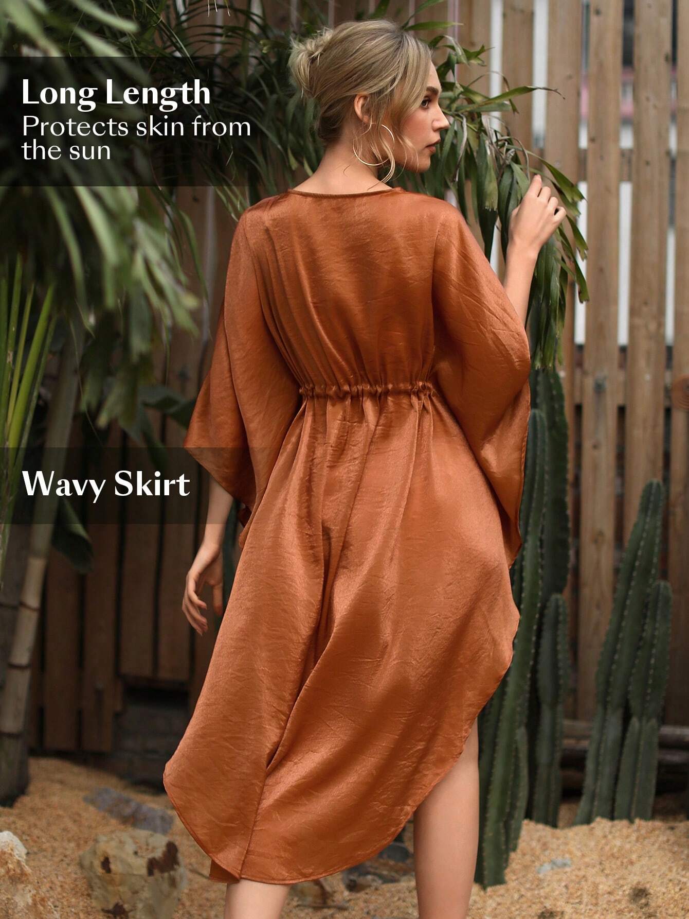 SHEIN Swim Chicsea Women'S Solid Color Batwing Sleeve Kimono Cardigan With Drawstring Waist Carnival - Image 2