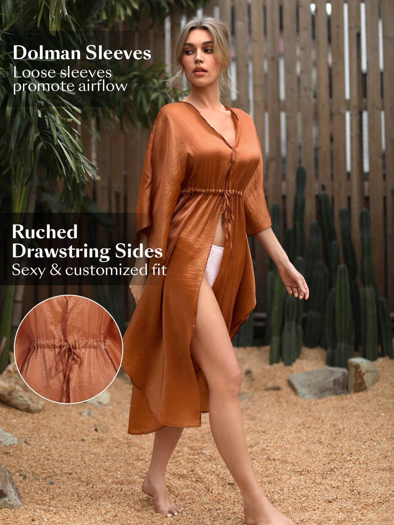 SHEIN Swim Chicsea Women'S Solid Color Batwing Sleeve Kimono Cardigan With Drawstring Waist Carnival - Image 3