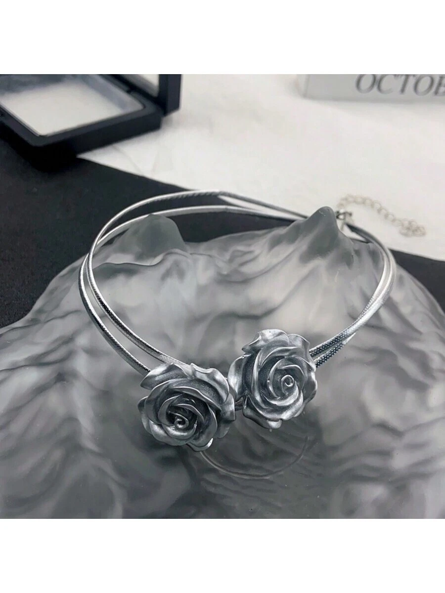 SHEIN Silver Rose Flower Leather Double Layer Necklace Niche Cold Style Choker Sweet Cool Hot Girl Clavicle Chain Necklace For Women - Image 3