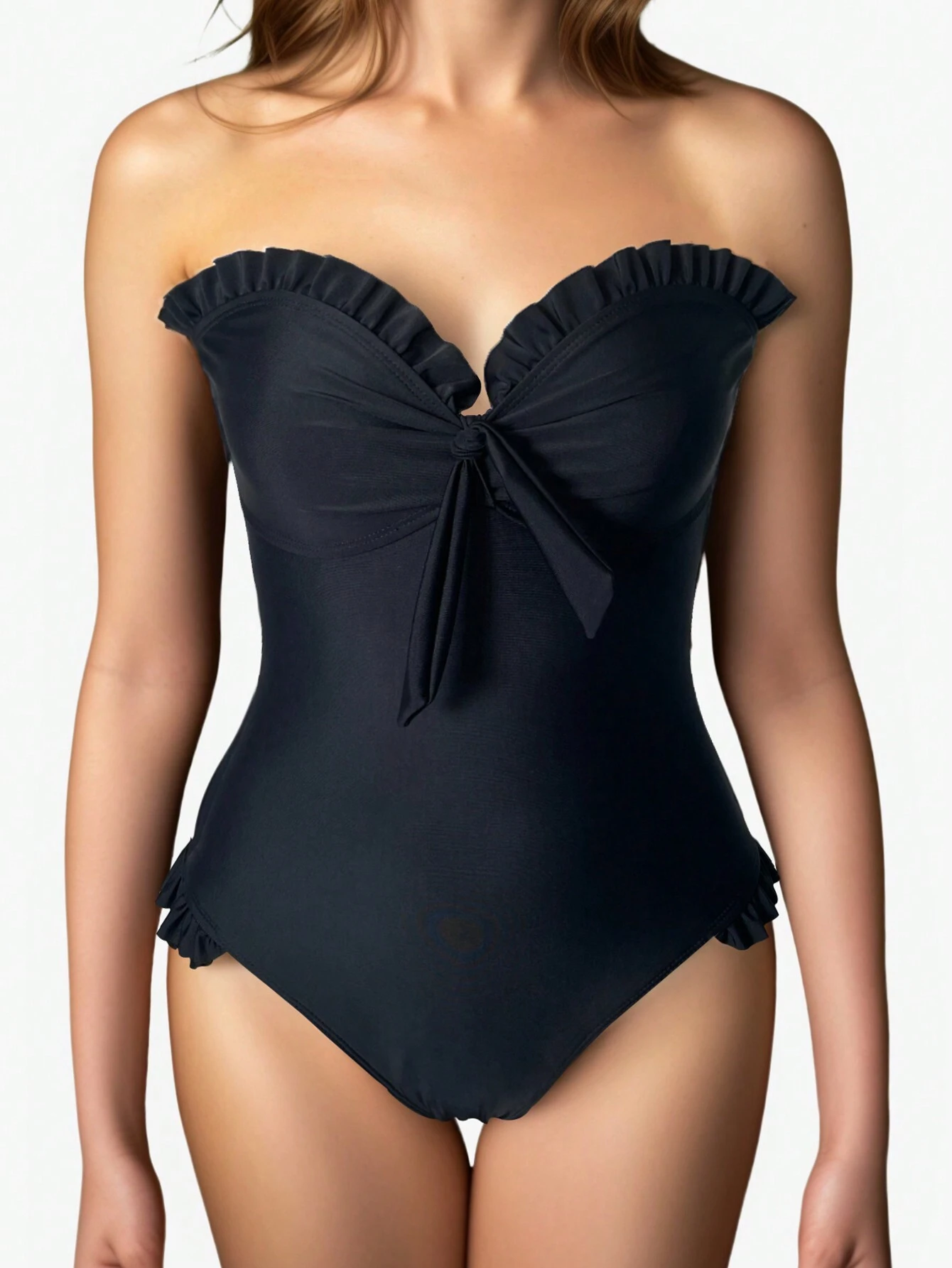 SHEIN Summer Beach Women's Ruffle Edged Front Knot One Piece Swimsuit