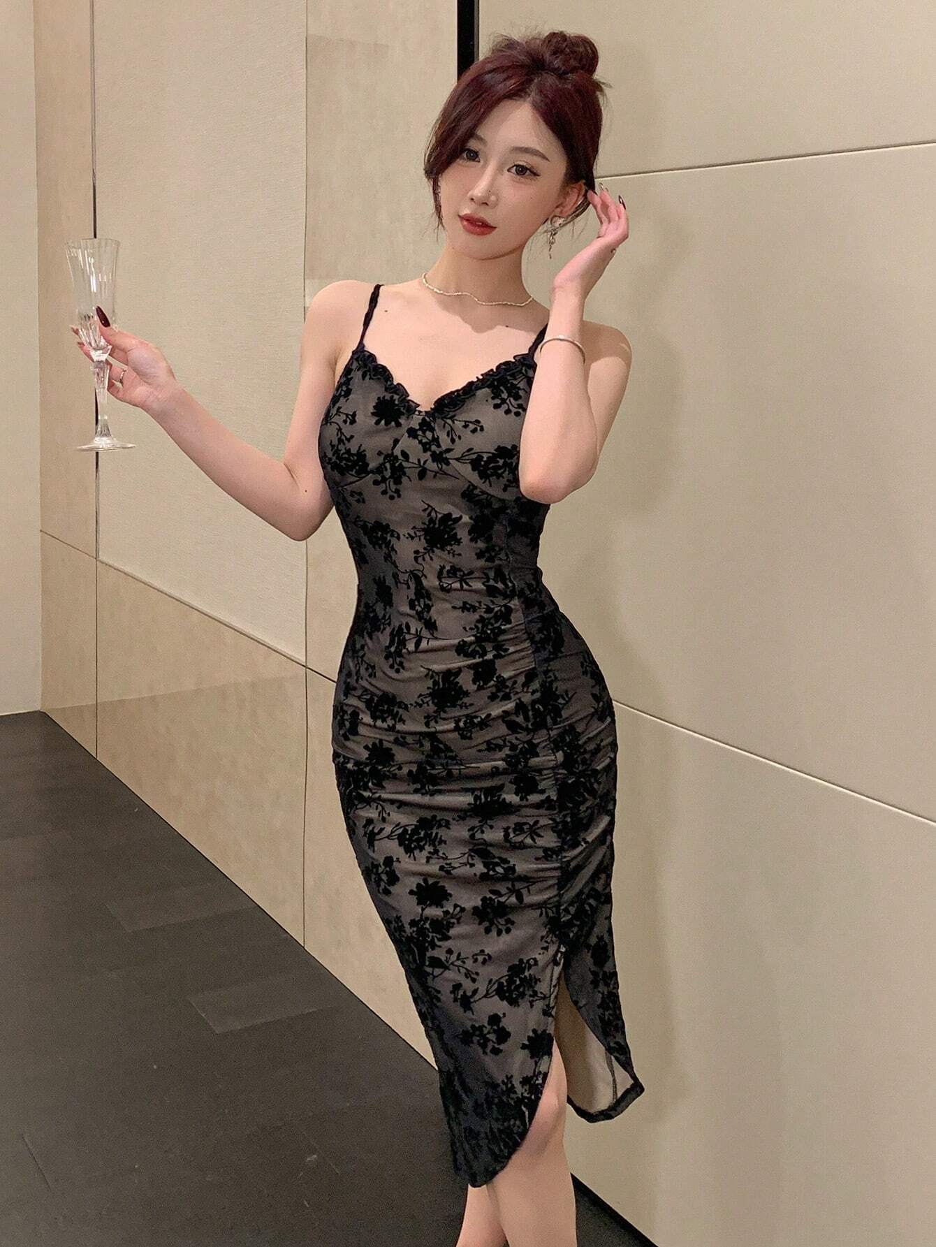 SHEIN DAZY Women's Floral Flocked Frill Trim Spaghetti Strap Dress - Image 3