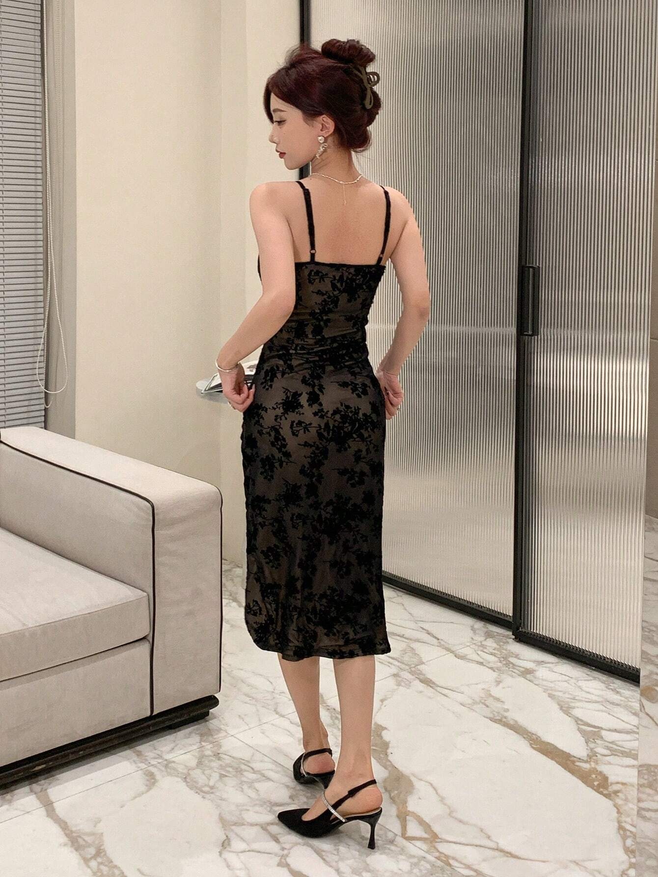 SHEIN DAZY Women's Floral Flocked Frill Trim Spaghetti Strap Dress - Image 5