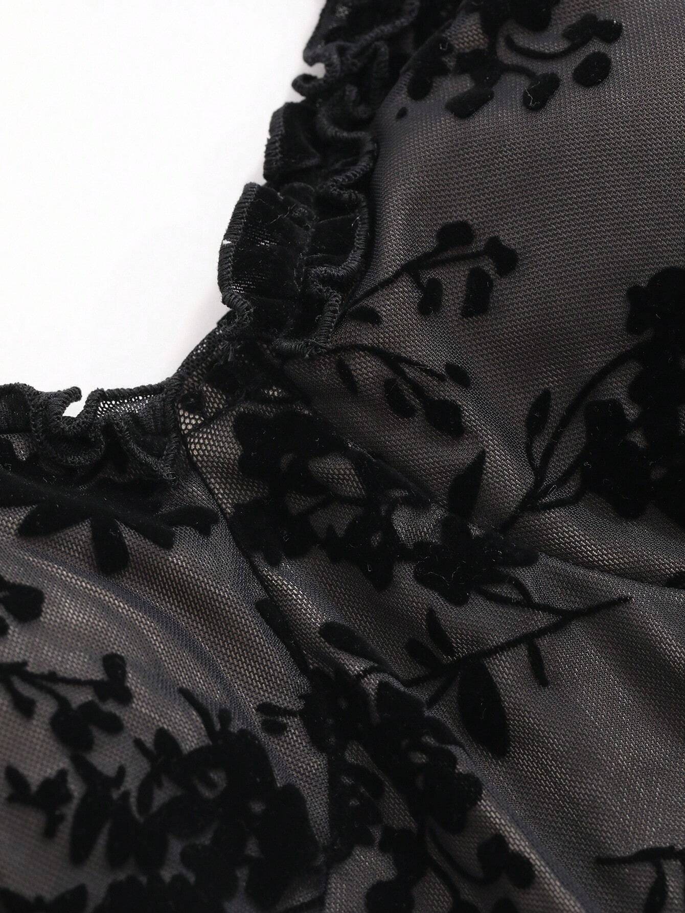 SHEIN DAZY Women's Floral Flocked Frill Trim Spaghetti Strap Dress - Image 7