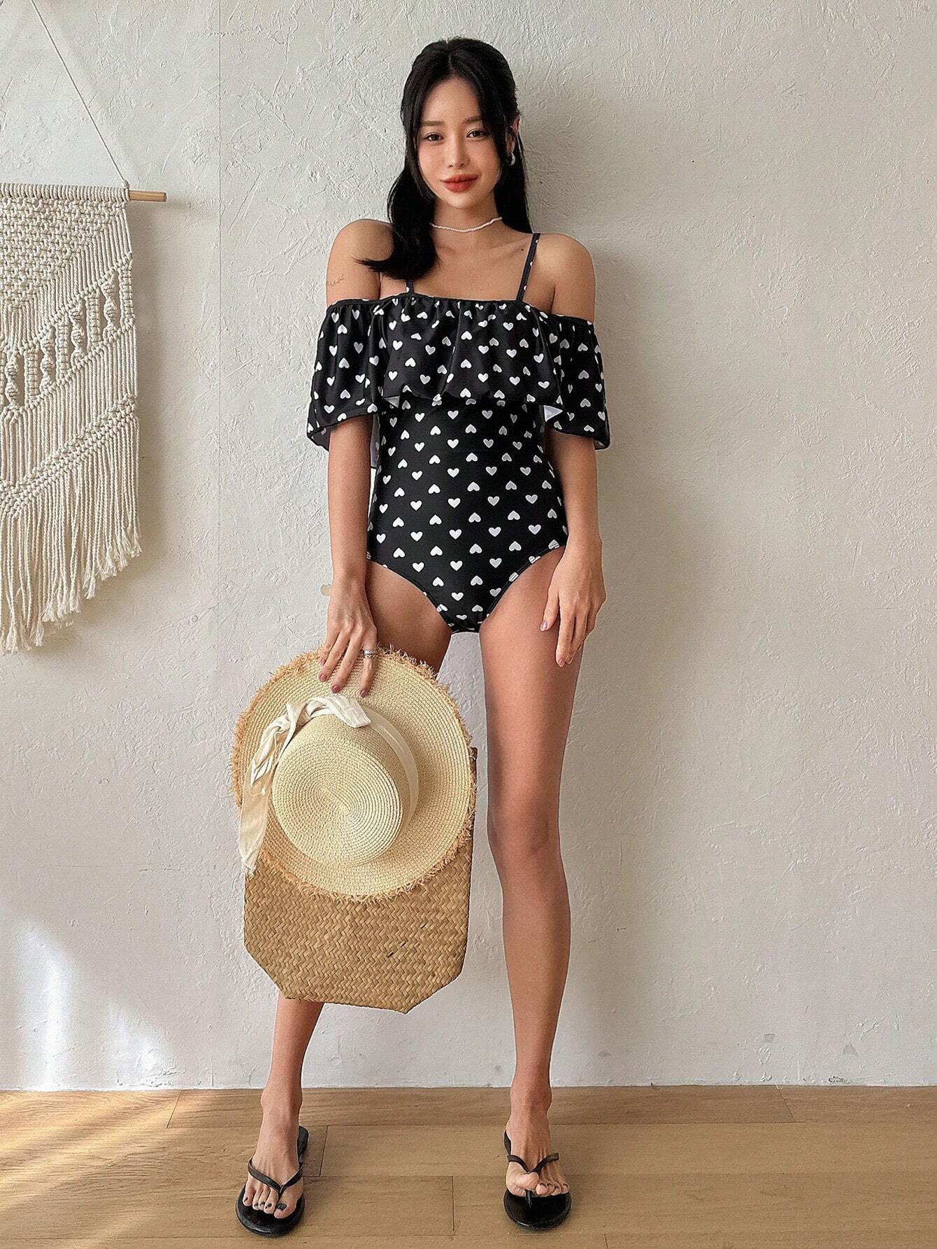 DAZY Women's Full Printed Cold Shoulder One-Piece Swimsuit With Heart Pattern - Image 2