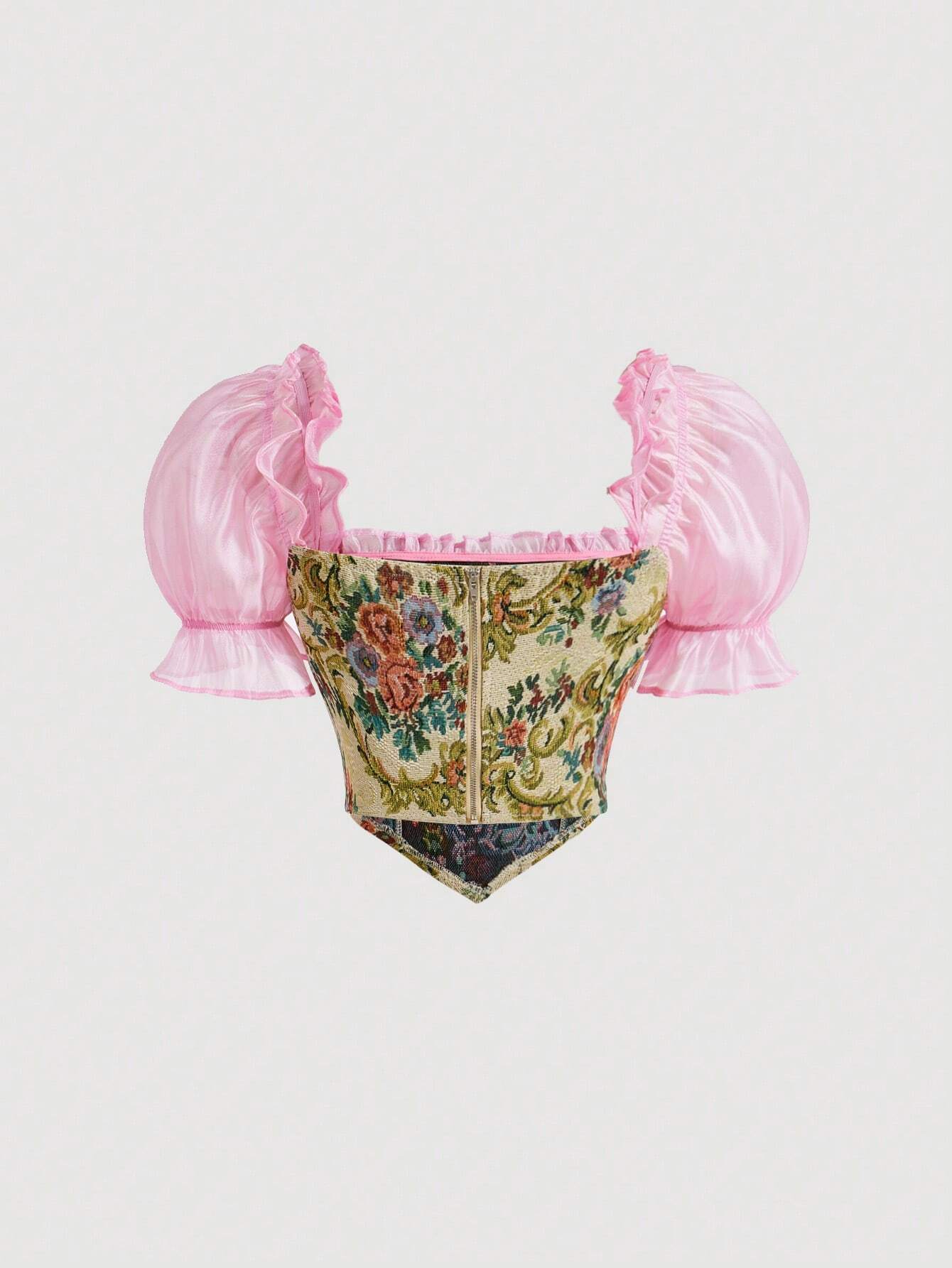 SHEIN MOD Women's Color-Block Puff Short Sleeve Floral Jacquard Cropped Blouse - Image 2