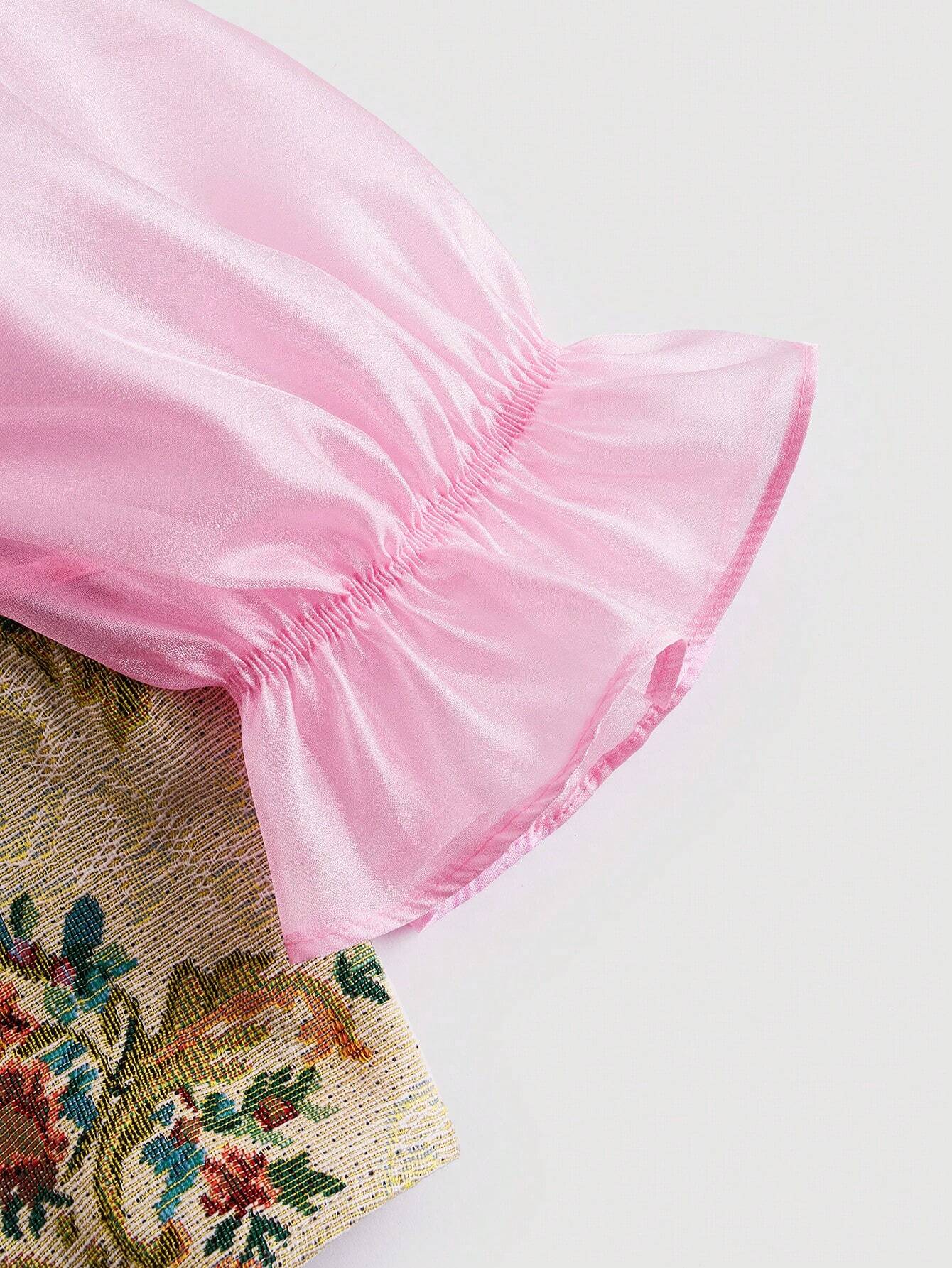 SHEIN MOD Women's Color-Block Puff Short Sleeve Floral Jacquard Cropped Blouse - Image 4