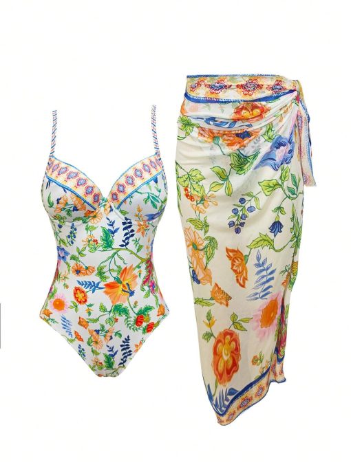 SHEIN Swim Oasis Summer Beach Women Plant Printed Swimsuit With Spaghetti Straps And Waist Tied Cover-Up Skirt For Vacation