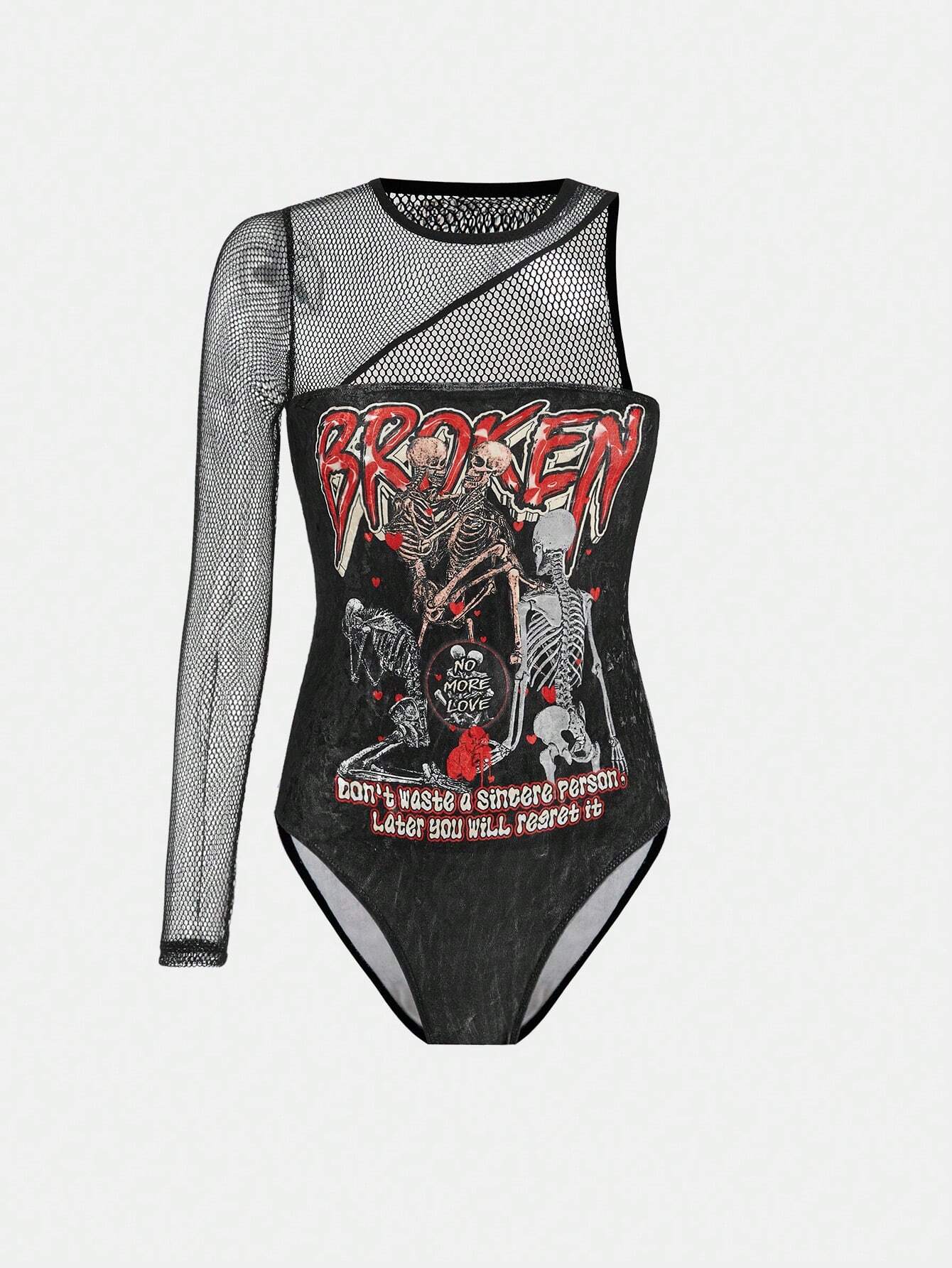 SHEIN Studio Chunk Skeleton and Slogan Graphic Contrast Mesh Asymmetrical Neck Bodysuit