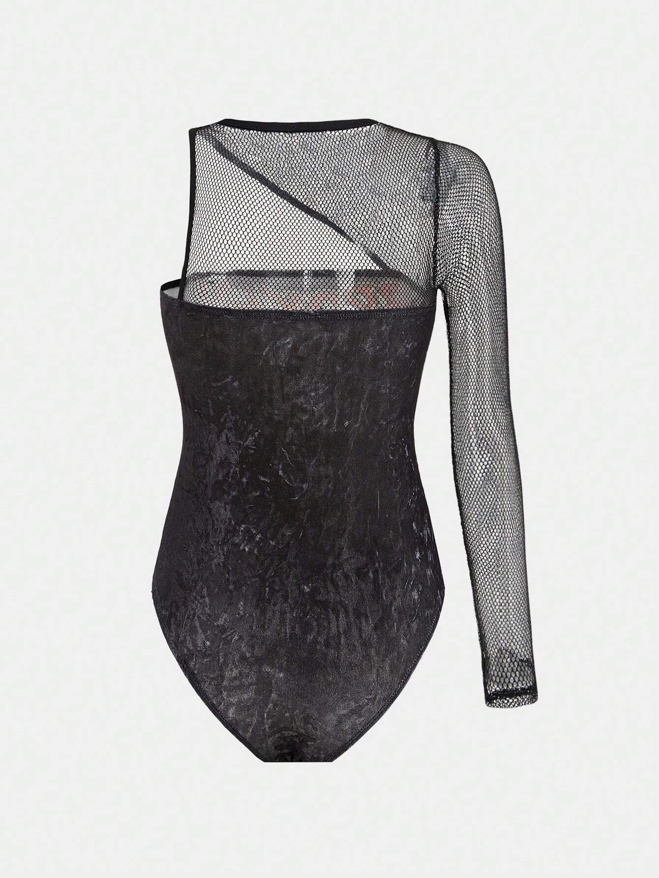 SHEIN Studio Chunk Skeleton and Slogan Graphic Contrast Mesh Asymmetrical Neck Bodysuit - Image 4