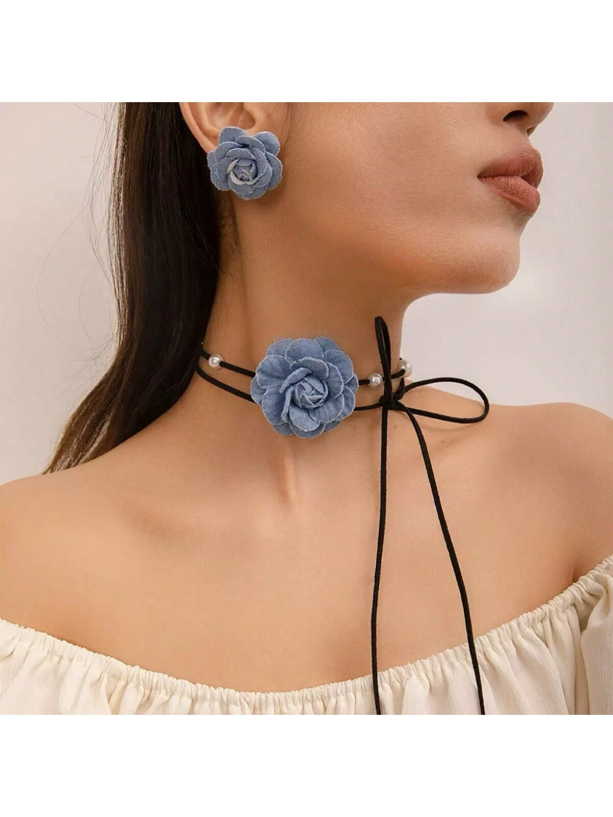 SHEIN 2pcs/set Necklace & Earrings Suit With Cowgirl Style Camellia Bead Series Scarf Necklace