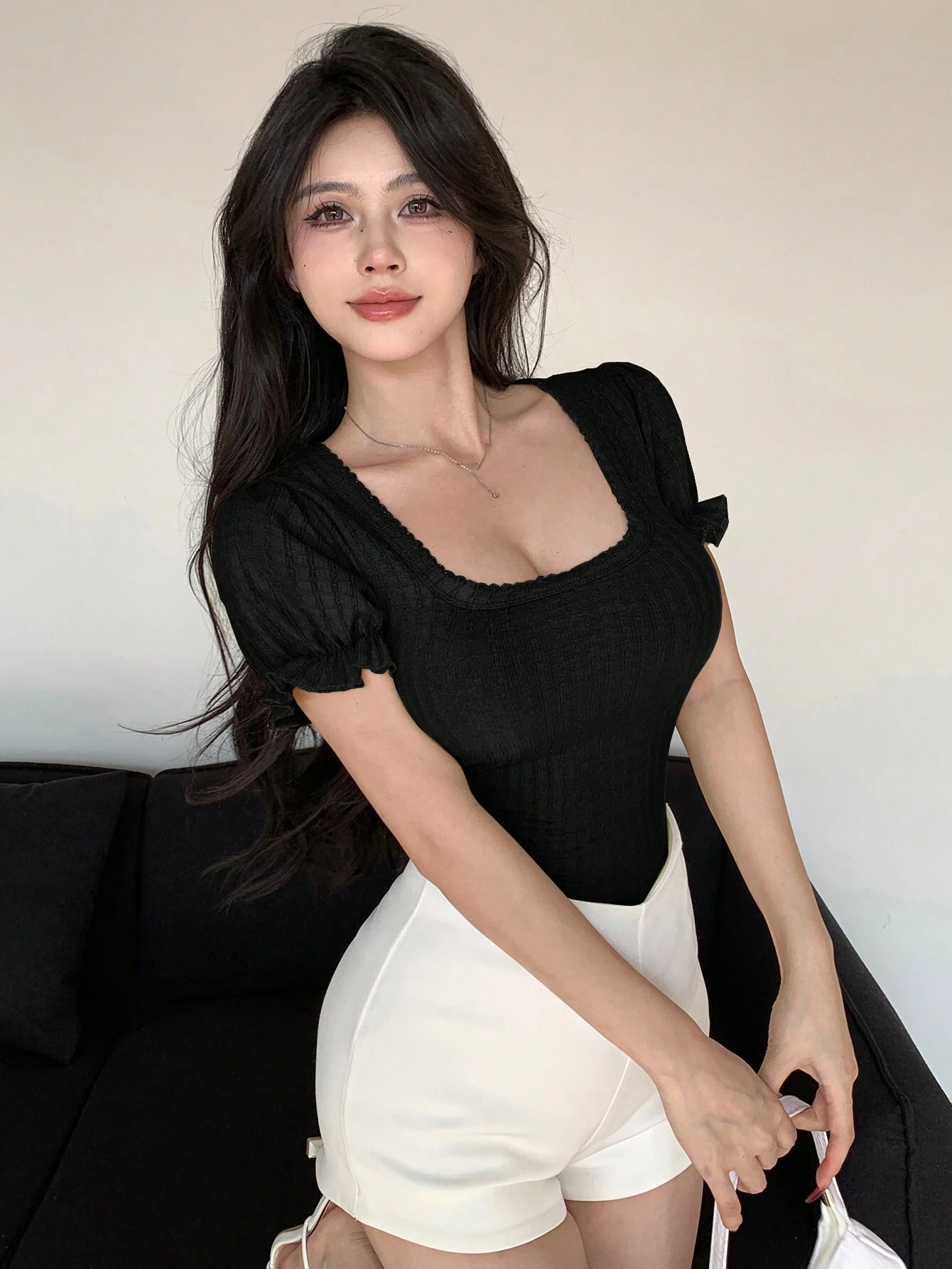 SHEIN Dazy Designer Women Summer Textured Square Neck Short Puff Sleeve Crop Tee - Image 2