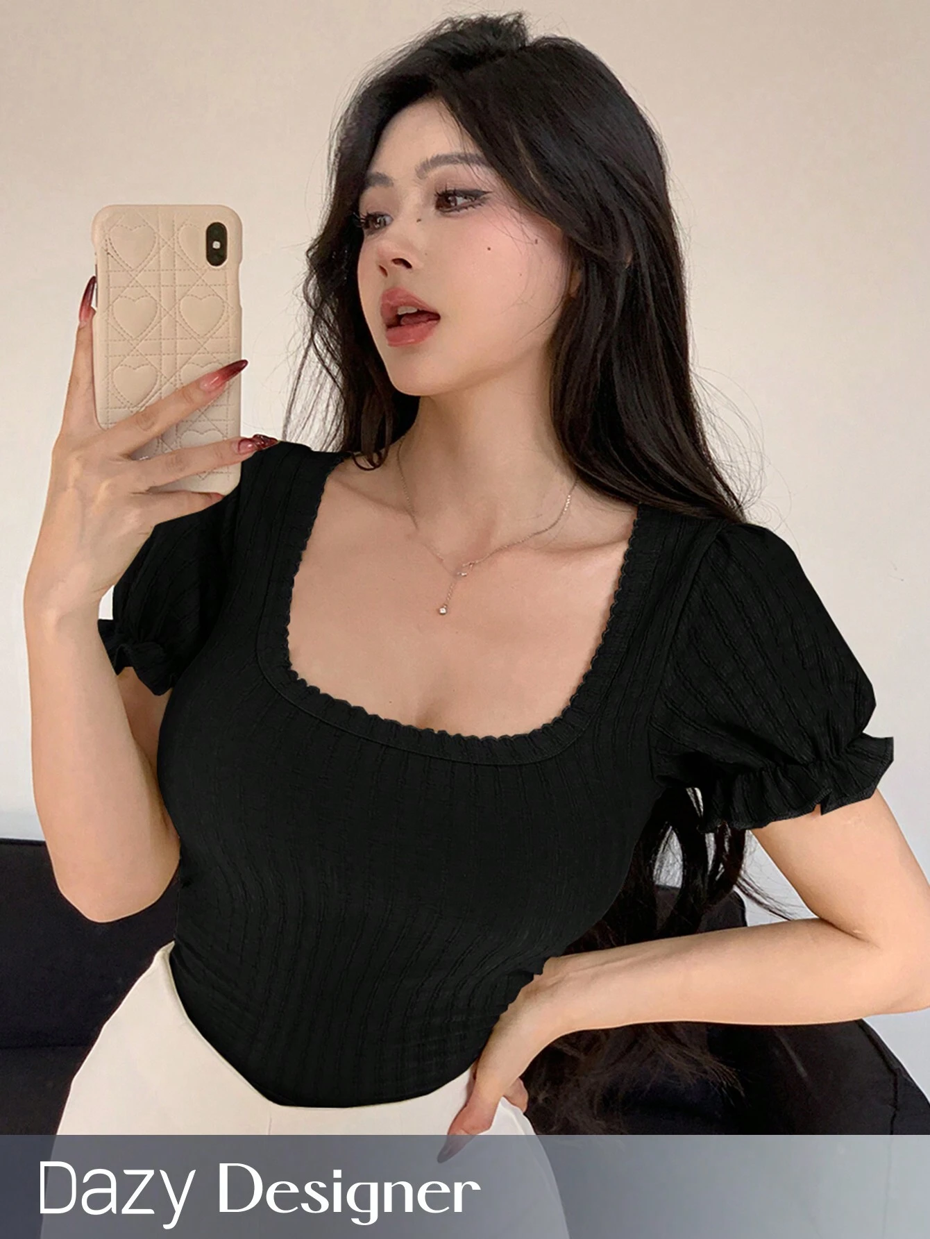 SHEIN Dazy Designer Women Summer Textured Square Neck Short Puff Sleeve Crop Tee - Image 4