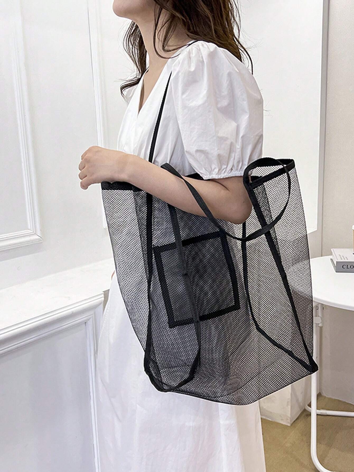 SHEIN Hollow Out Beach Bag Solid Mesh Shoulder Tote Bag - Image 2