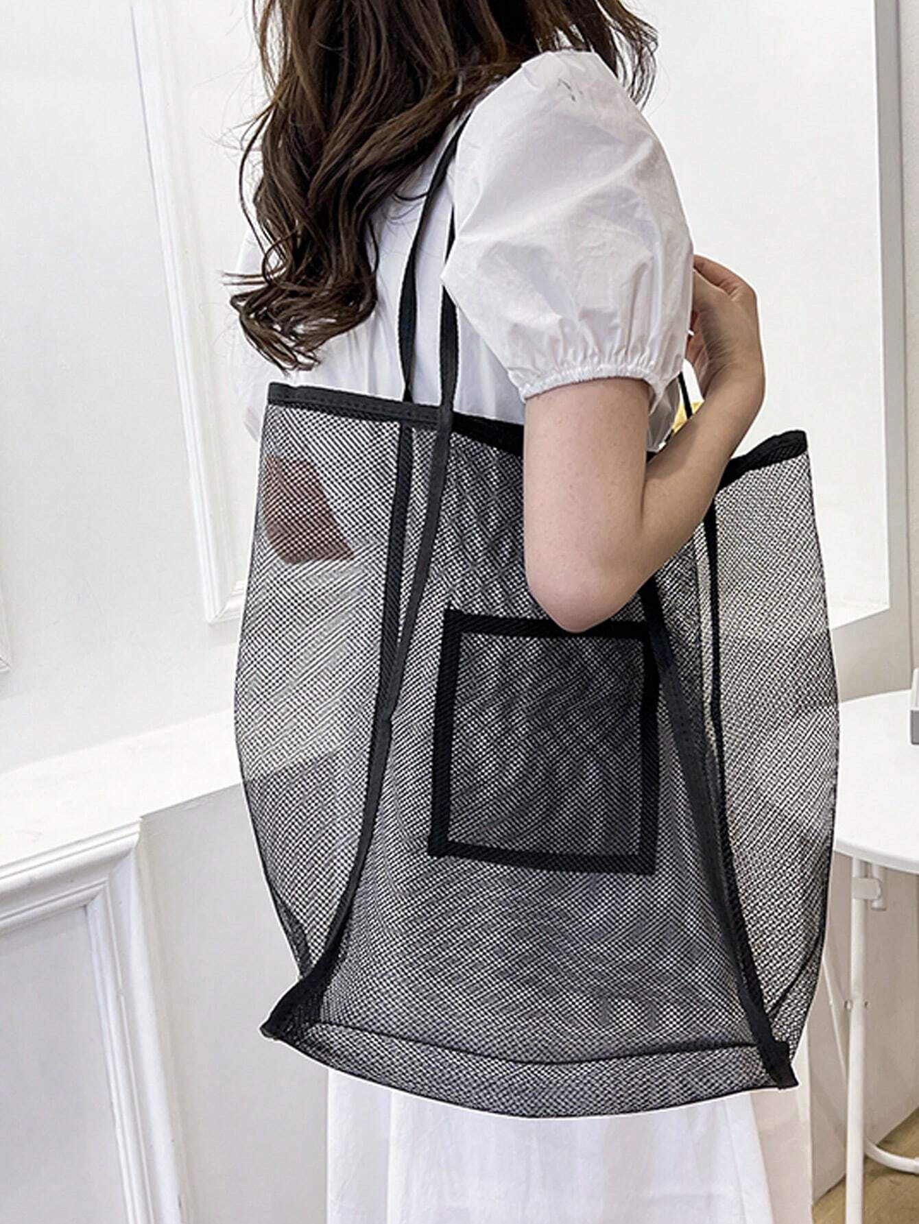 SHEIN Hollow Out Beach Bag Solid Mesh Shoulder Tote Bag - Image 3