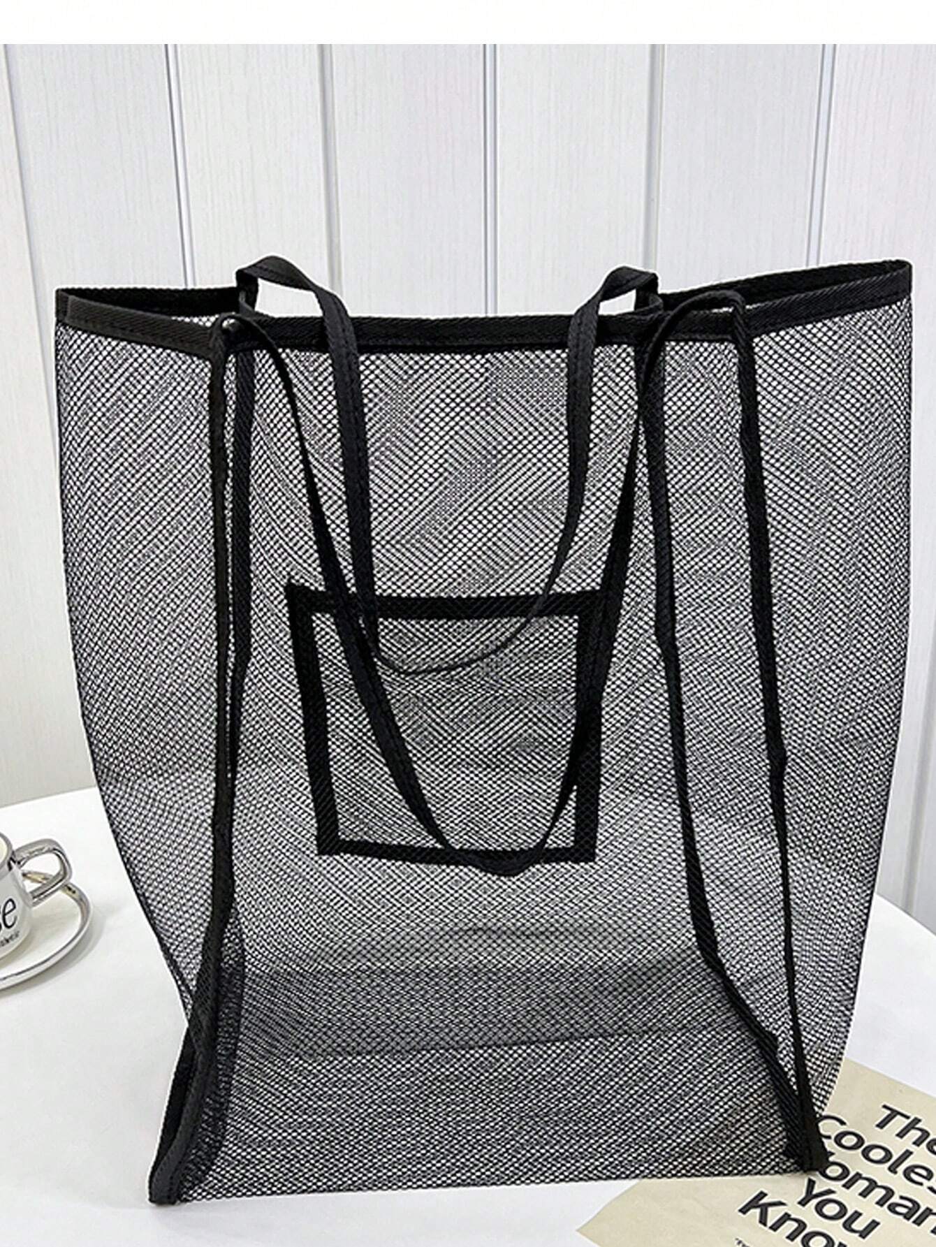 SHEIN Hollow Out Beach Bag Solid Mesh Shoulder Tote Bag - Image 4