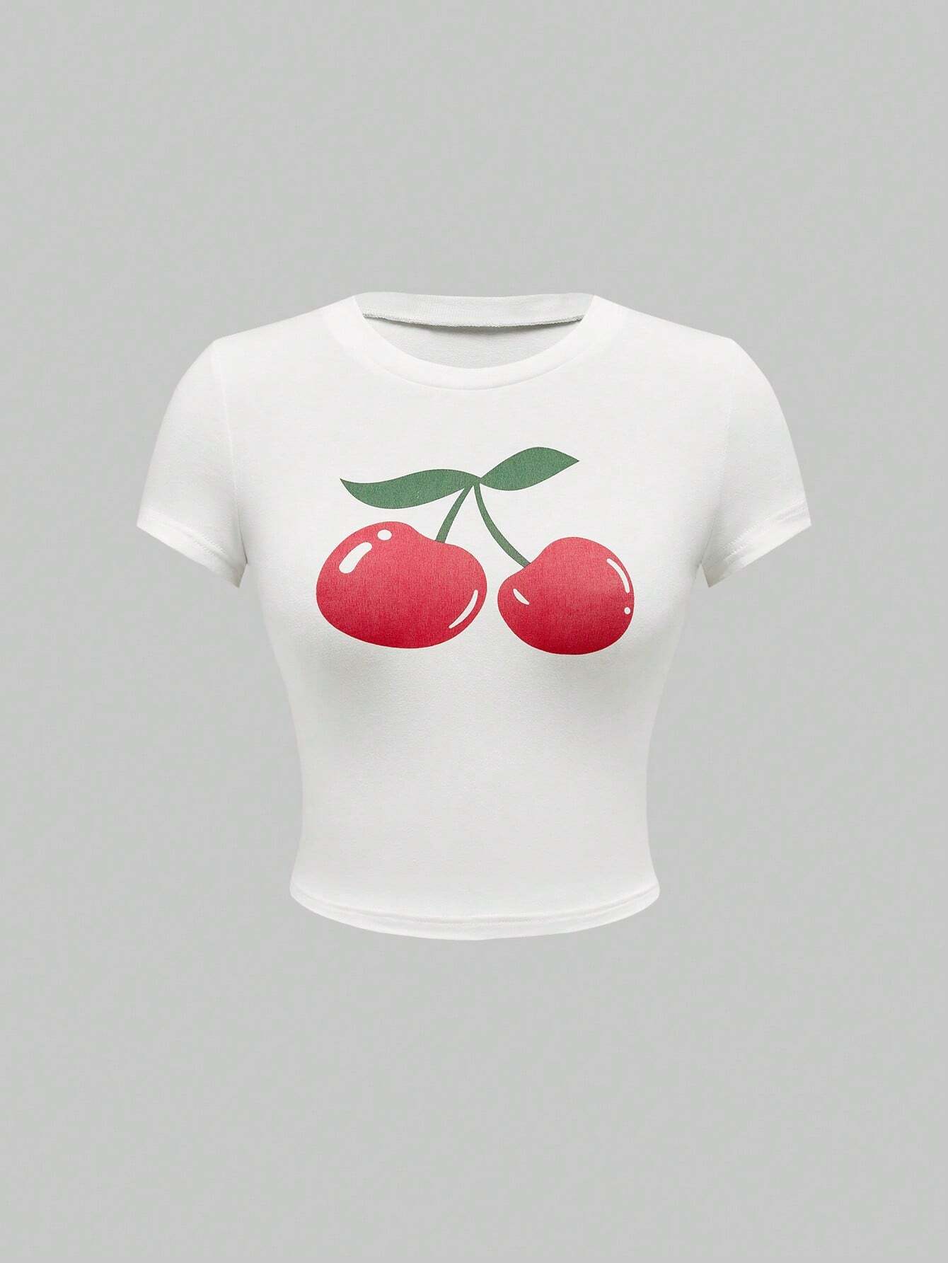 SHEIN ROMWE Kawaii Cute And Versatile Cherry Print Fruit Solid Color Women T-Shirt