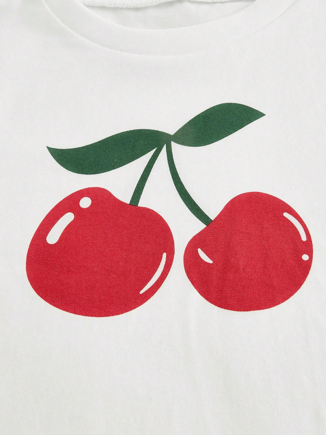 SHEIN ROMWE Kawaii Cute And Versatile Cherry Print Fruit Solid Color Women T-Shirt - Image 4