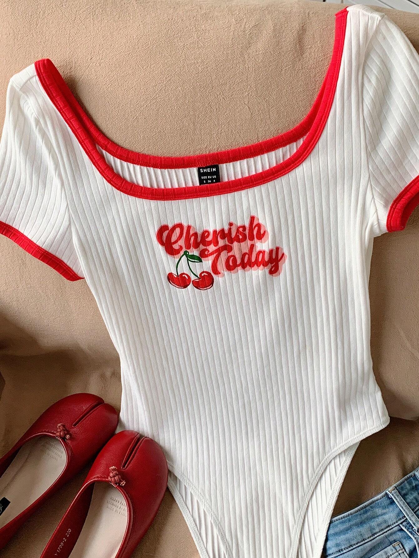 SHEIN EZwear Summer Casual Red And White Fruit Printed Bodysuit For Women