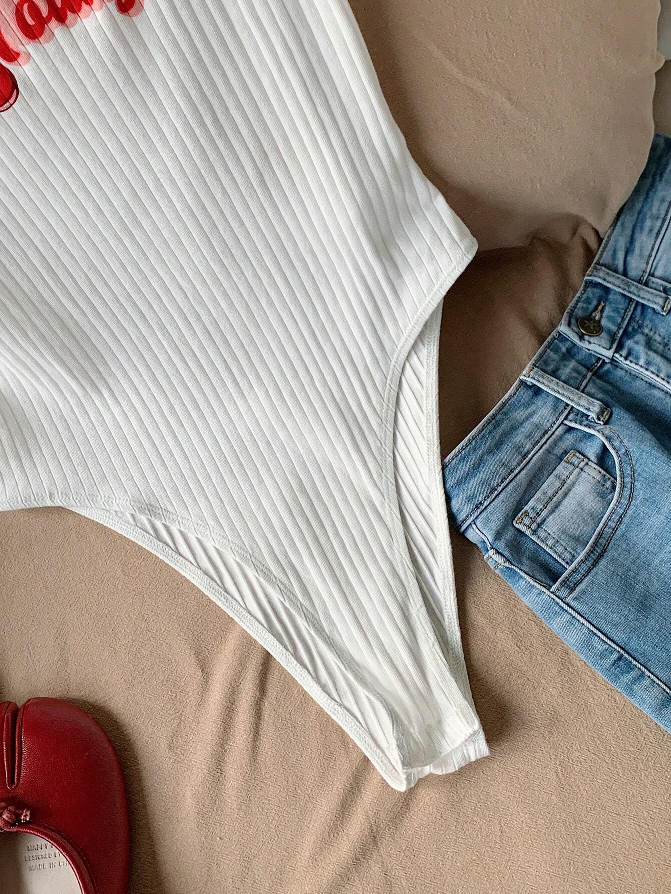 SHEIN EZwear Summer Casual Red And White Fruit Printed Bodysuit For Women