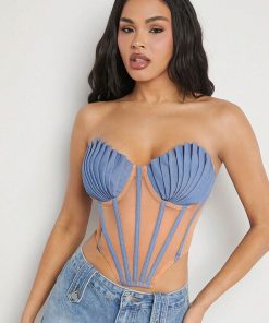 SHEIN Haute Pleated Seashell Bustier Contrast Top