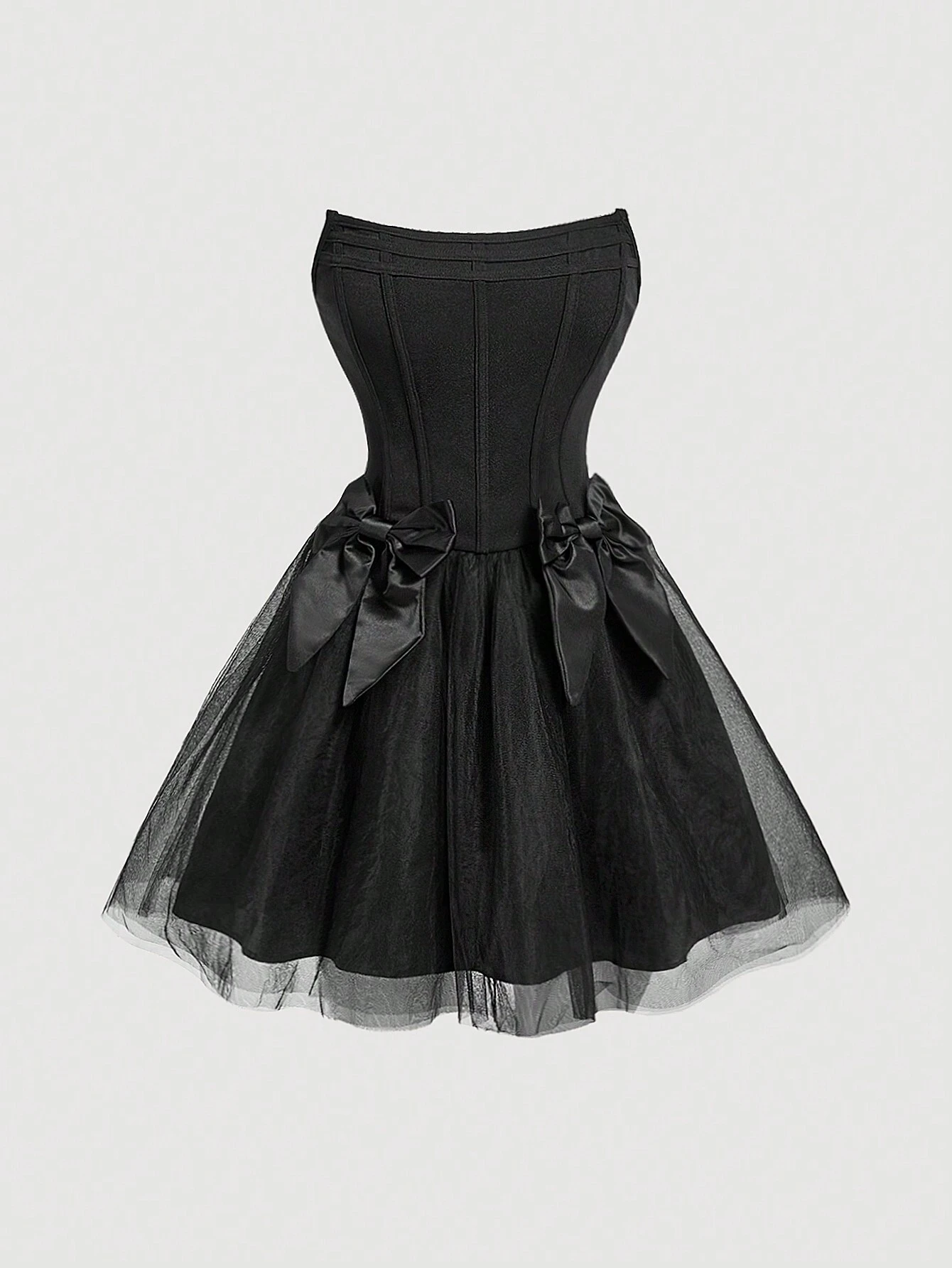 SHEIN MOD Black Strapless Dress With Fishbone Sticker And Bows