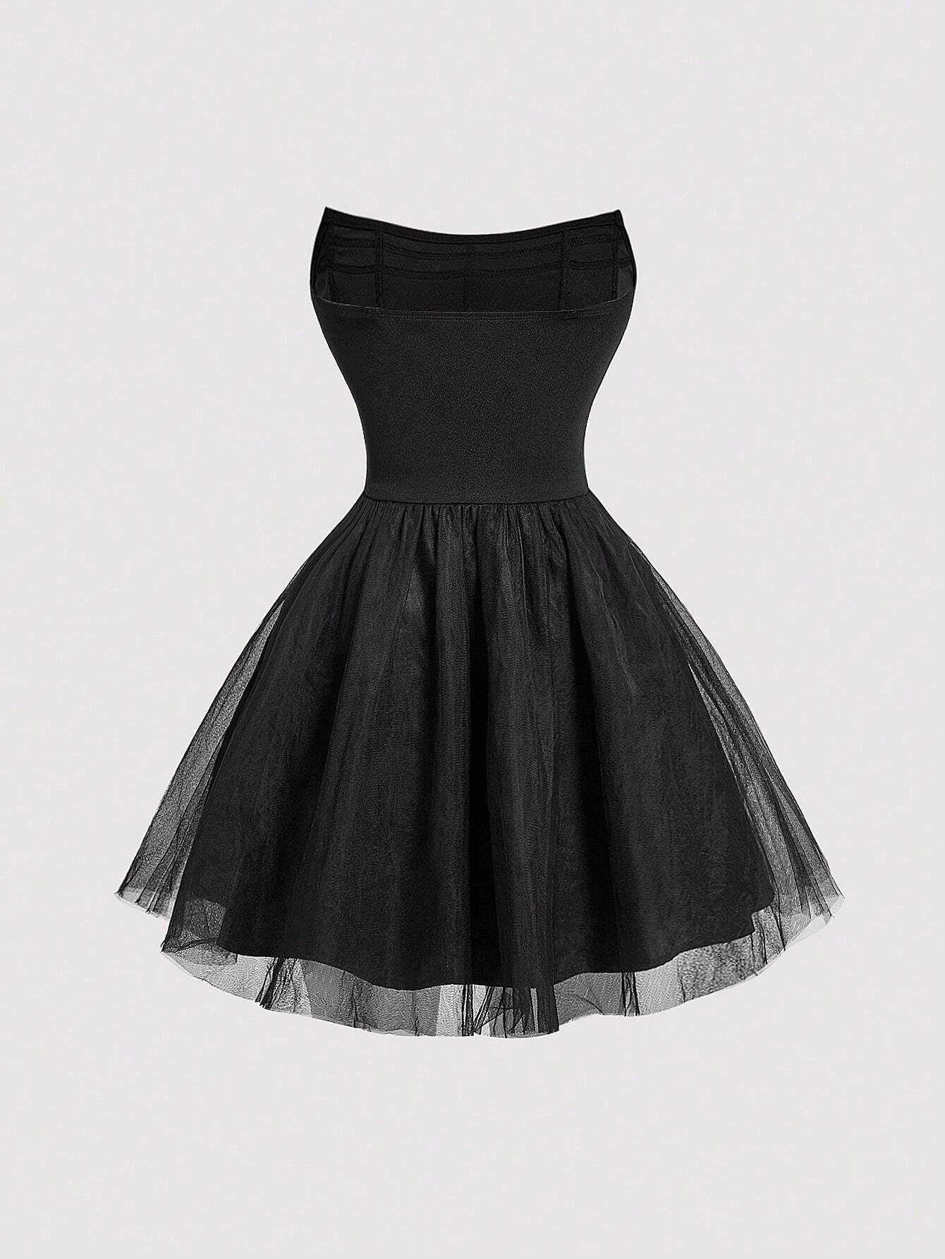 SHEIN MOD Black Strapless Dress With Fishbone Sticker And Bows - Image 2