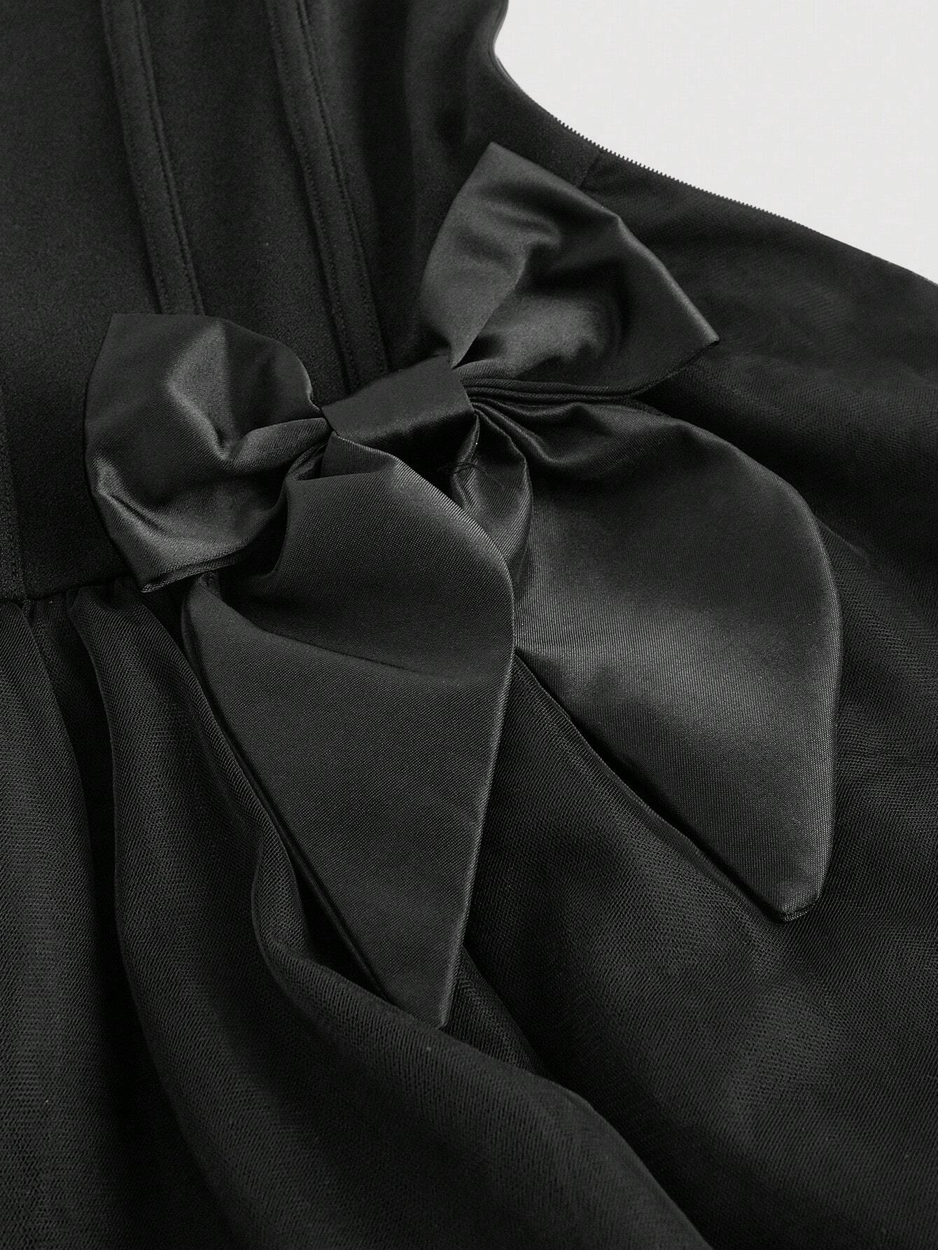 SHEIN MOD Black Strapless Dress With Fishbone Sticker And Bows - Image 3