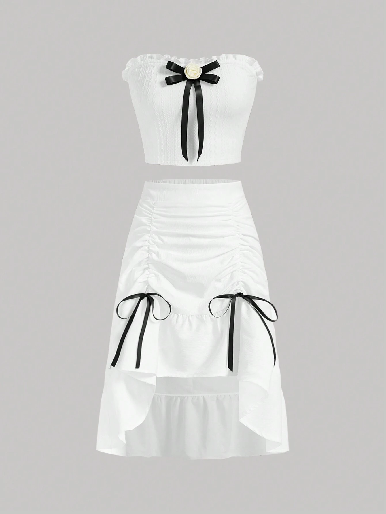 SHEIN MOD Bowknot Decorated Strapless Crop Top And Fashionable Pleated Skirt 2-Piece Set