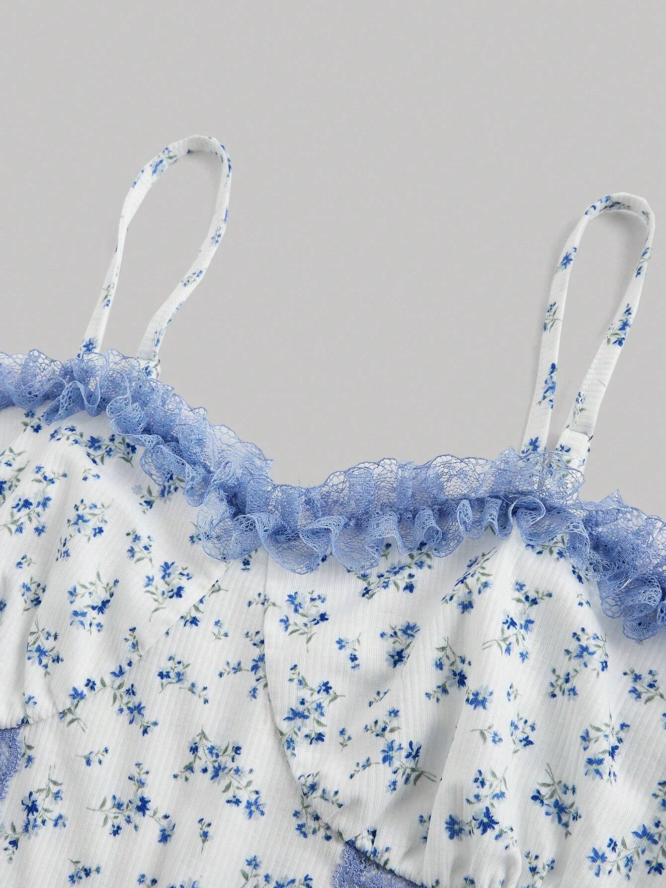 SHEIN MOD Summer Clothing Floral Print Lace Decorated Tank Top,Bustier Top