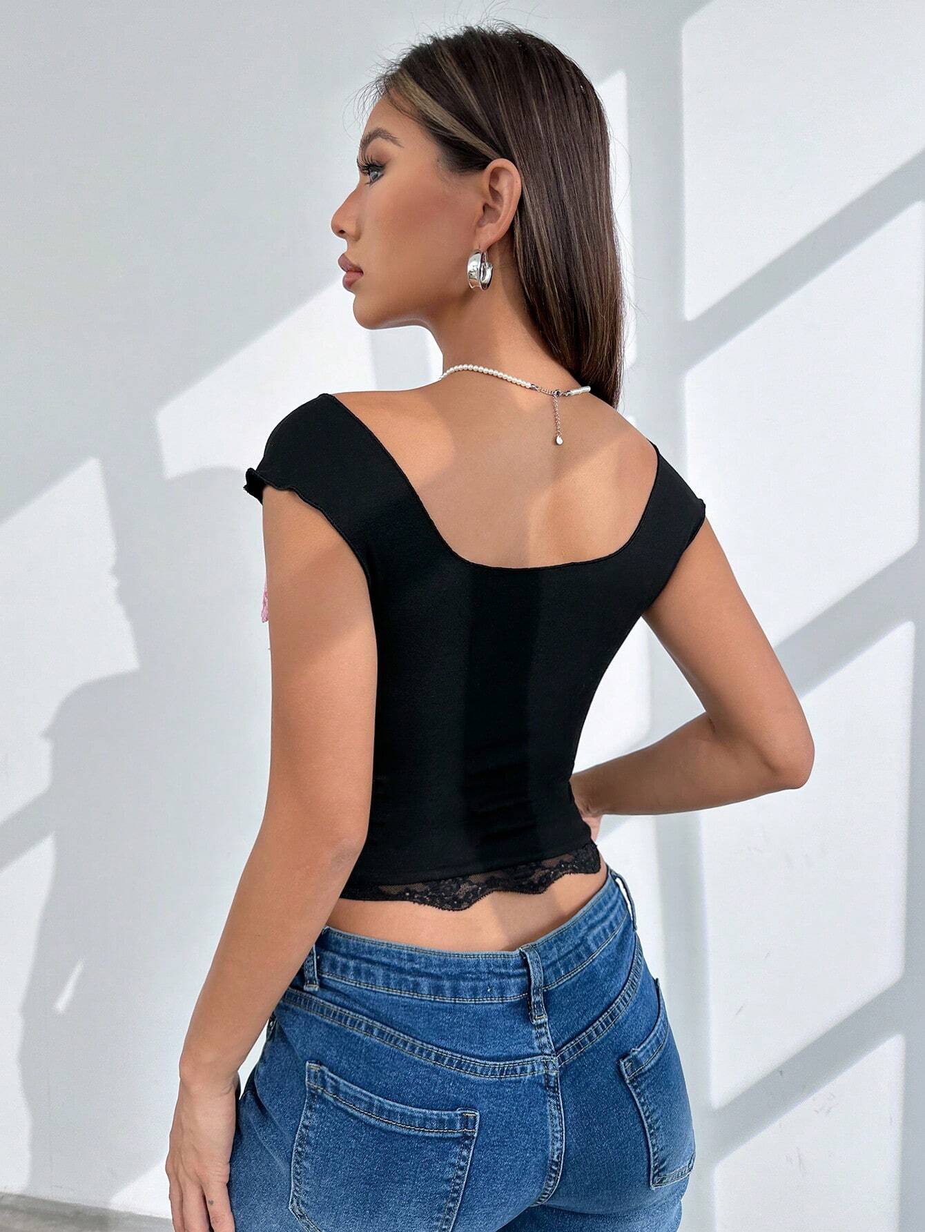 SHEIN MOD Women Color Block Lace Bow Knot Tie Tank Top