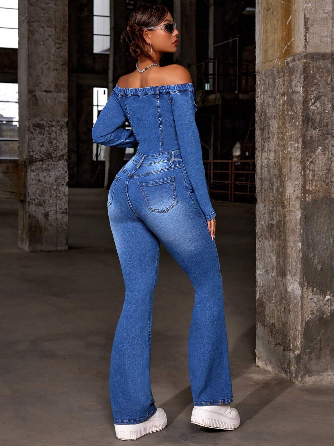SHEIN PETITE Women Off-The-Shoulder Long Sleeve Button Half-Placket Casual Denim Jumpsuit - Image 4