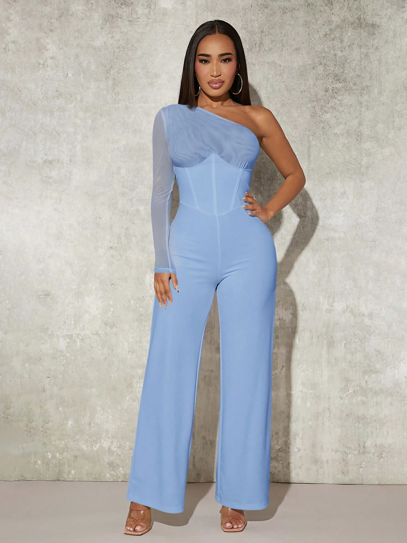 SHEIN SXY One Shoulder Contrast Mesh Puff Sleeve Jumpsuit