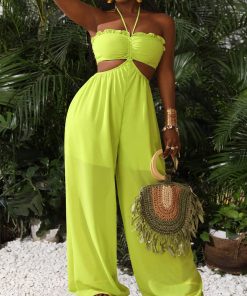 SHEIN Slayr Women's Hollow Out Waist Tie Neck Solid Color Jumpsuit