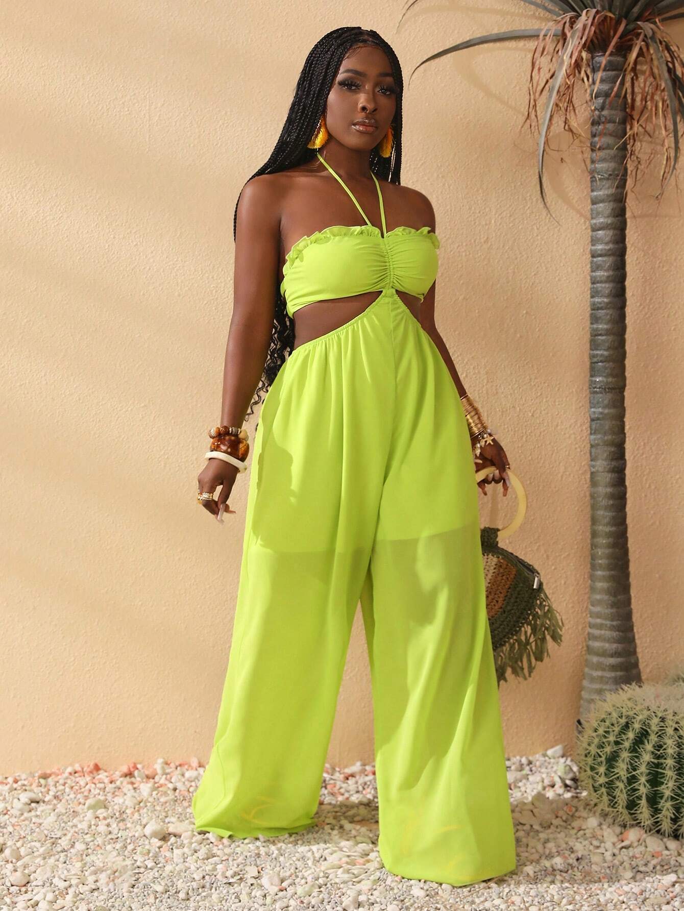 SHEIN Slayr Women's Hollow Out Waist Tie Neck Solid Color Jumpsuit - Image 3