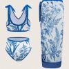 SHEIN Swim Oasis Women's Floral Print Shoulder Knot Sexy Bikini Set With Swimsuit Cover-Up And Skirt, 3pcs, Printed