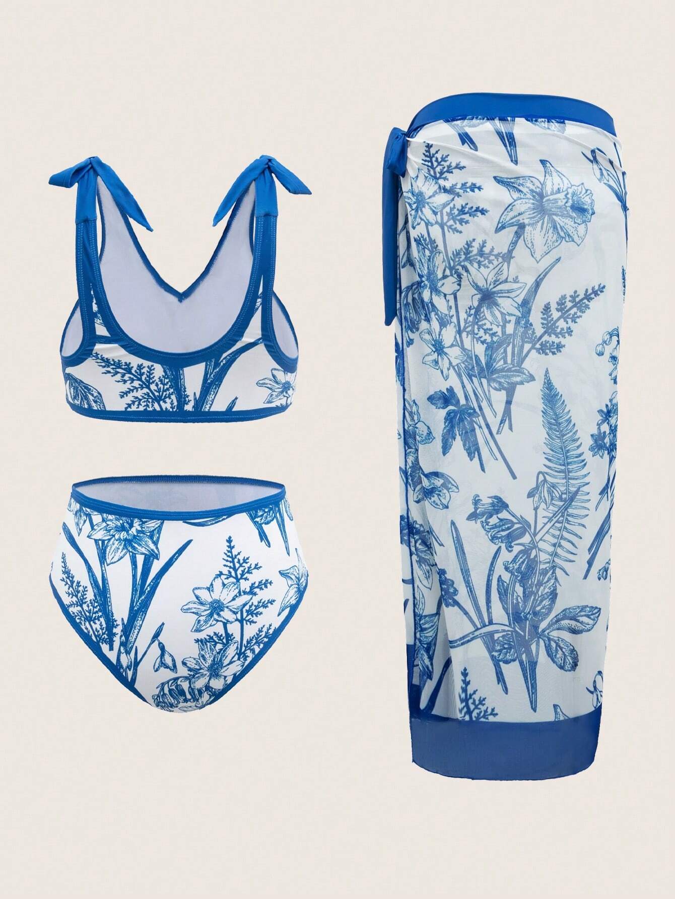 SHEIN Swim Oasis Women's Floral Print Shoulder Knot Sexy Bikini Set With Swimsuit Cover-Up And Skirt, 3pcs, Printed