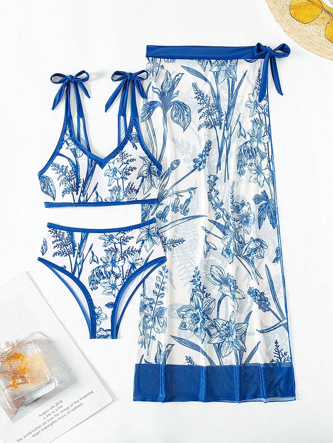 SHEIN Swim Oasis Women's Floral Print Shoulder Knot Sexy Bikini Set With Swimsuit Cover-Up And Skirt, 3pcs, Printed