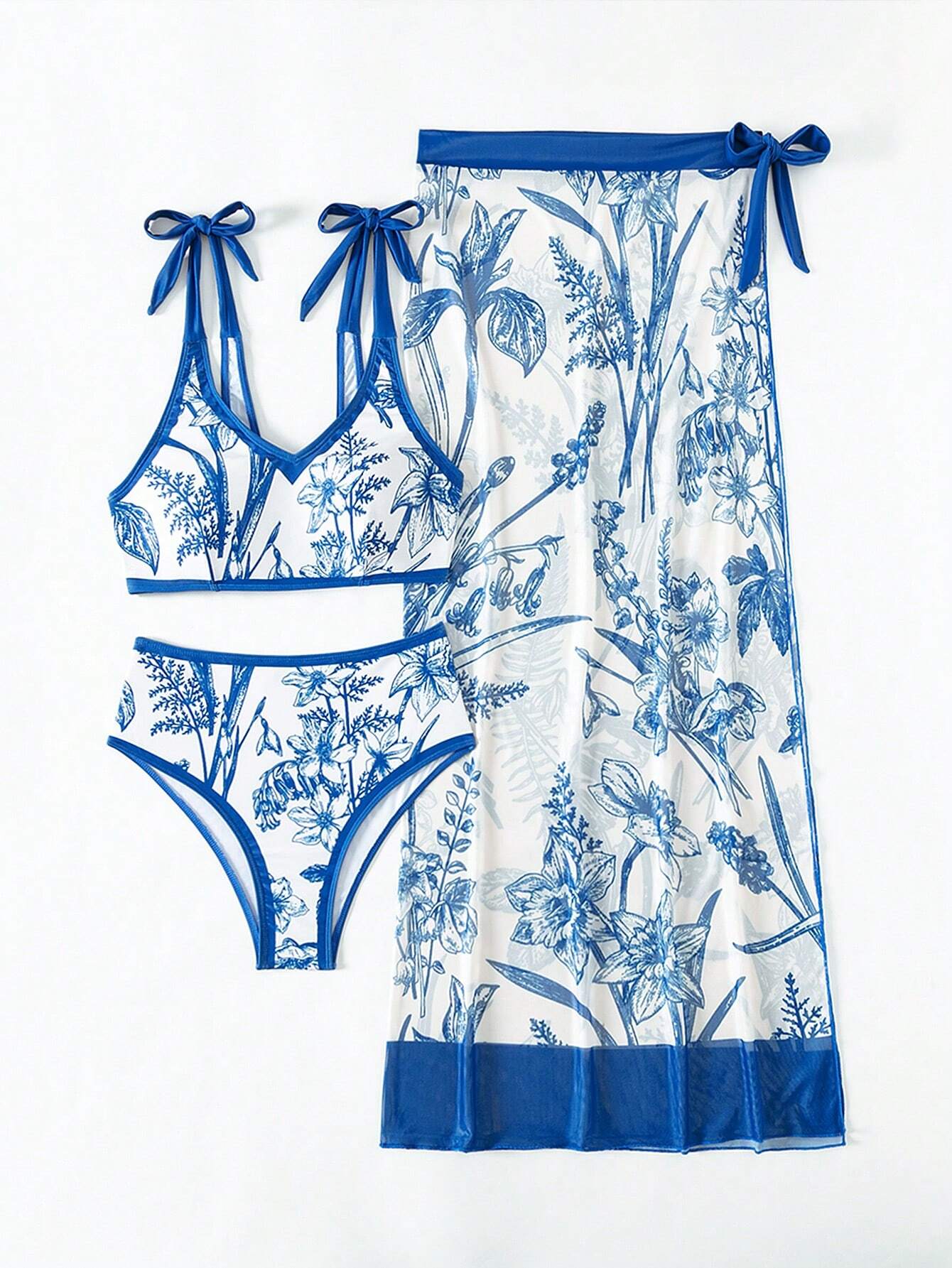 SHEIN Swim Oasis Women's Floral Print Shoulder Knot Sexy Bikini Set With Swimsuit Cover-Up And Skirt, 3pcs, Printed