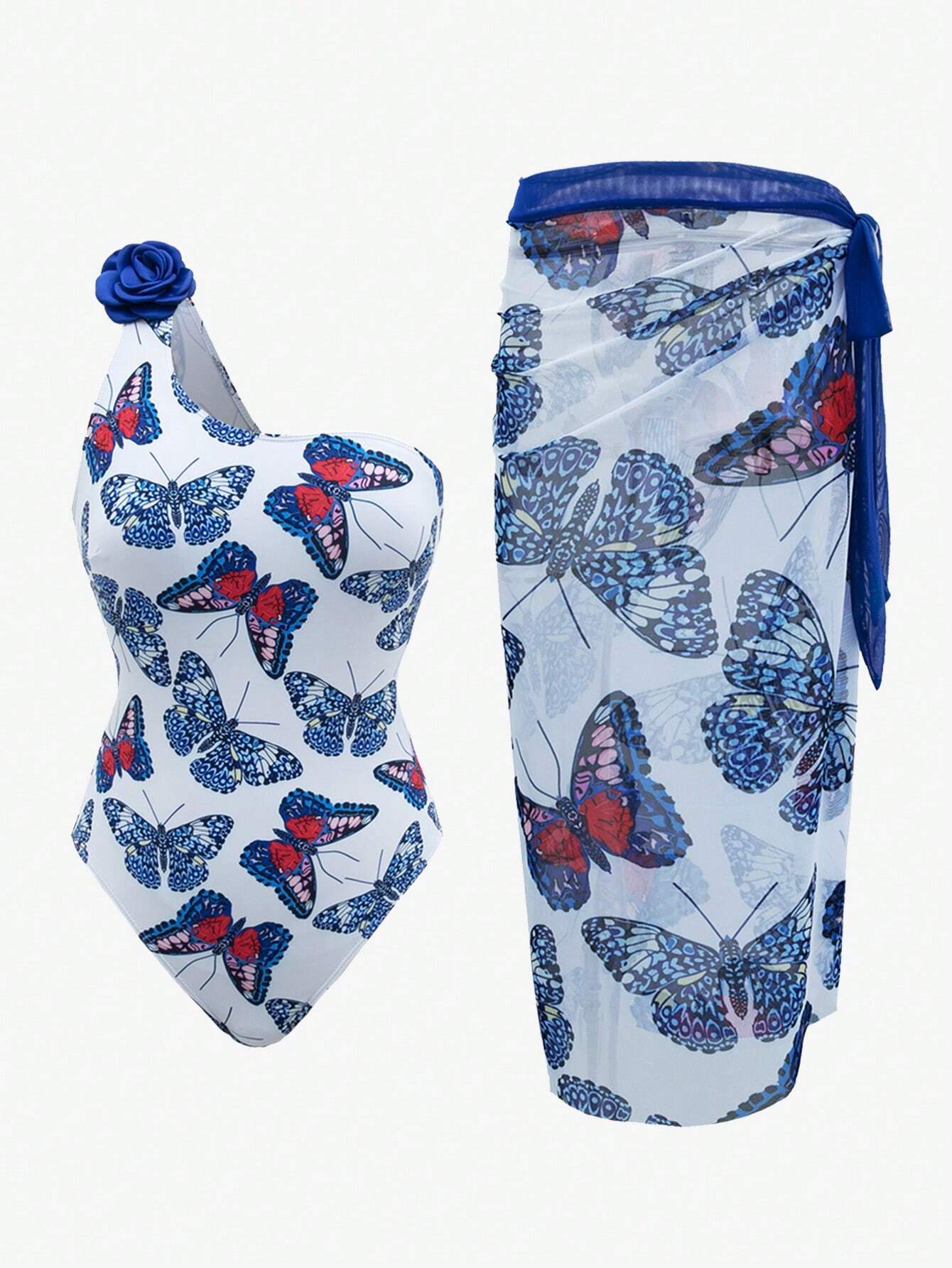 SHEIN Swim Oasis Women's One-Shoulder Butterfly Printed Swimsuit With Cover-Up Skirt,