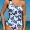 SHEIN Swim Oasis Women's One-Shoulder Butterfly Printed Swimsuit With Cover-Up Skirt,