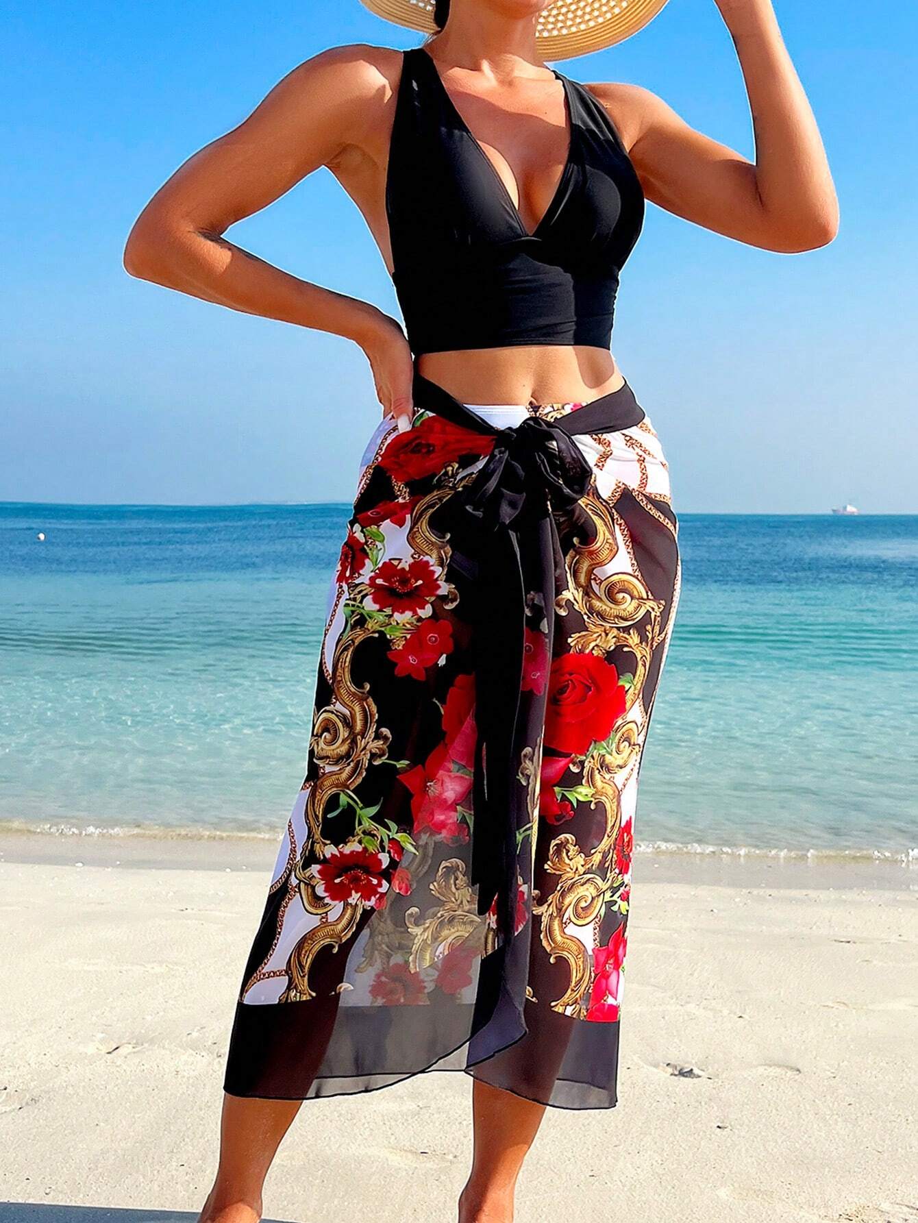 Swim Oasis Floral Printed Sexy Bikini Set With Cover Up Shirt & Skirt, 3pcs