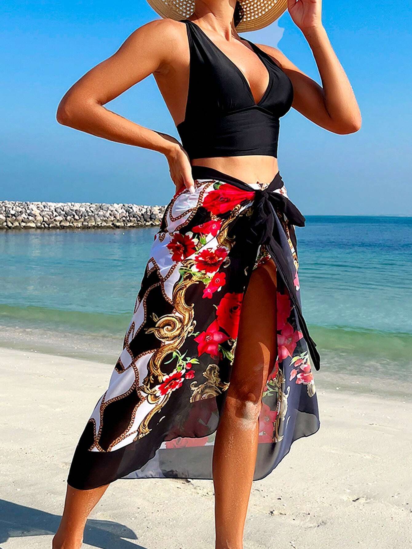 Swim Oasis Floral Printed Sexy Bikini Set With Cover Up Shirt & Skirt, 3pcs