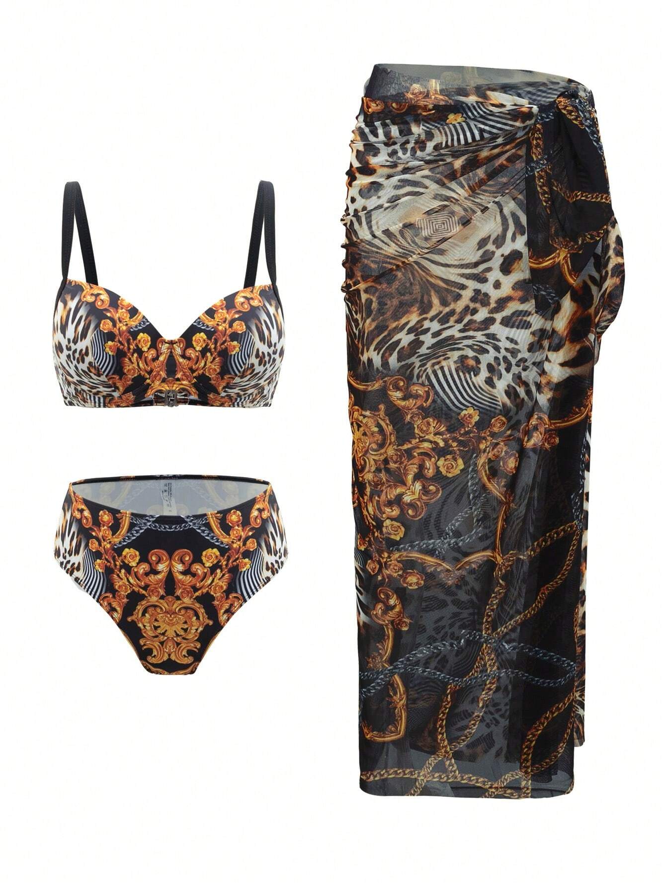 SHEIN Swim Vcay Summer Beach Baroque Leopard Printed Separated Swimsuit Set