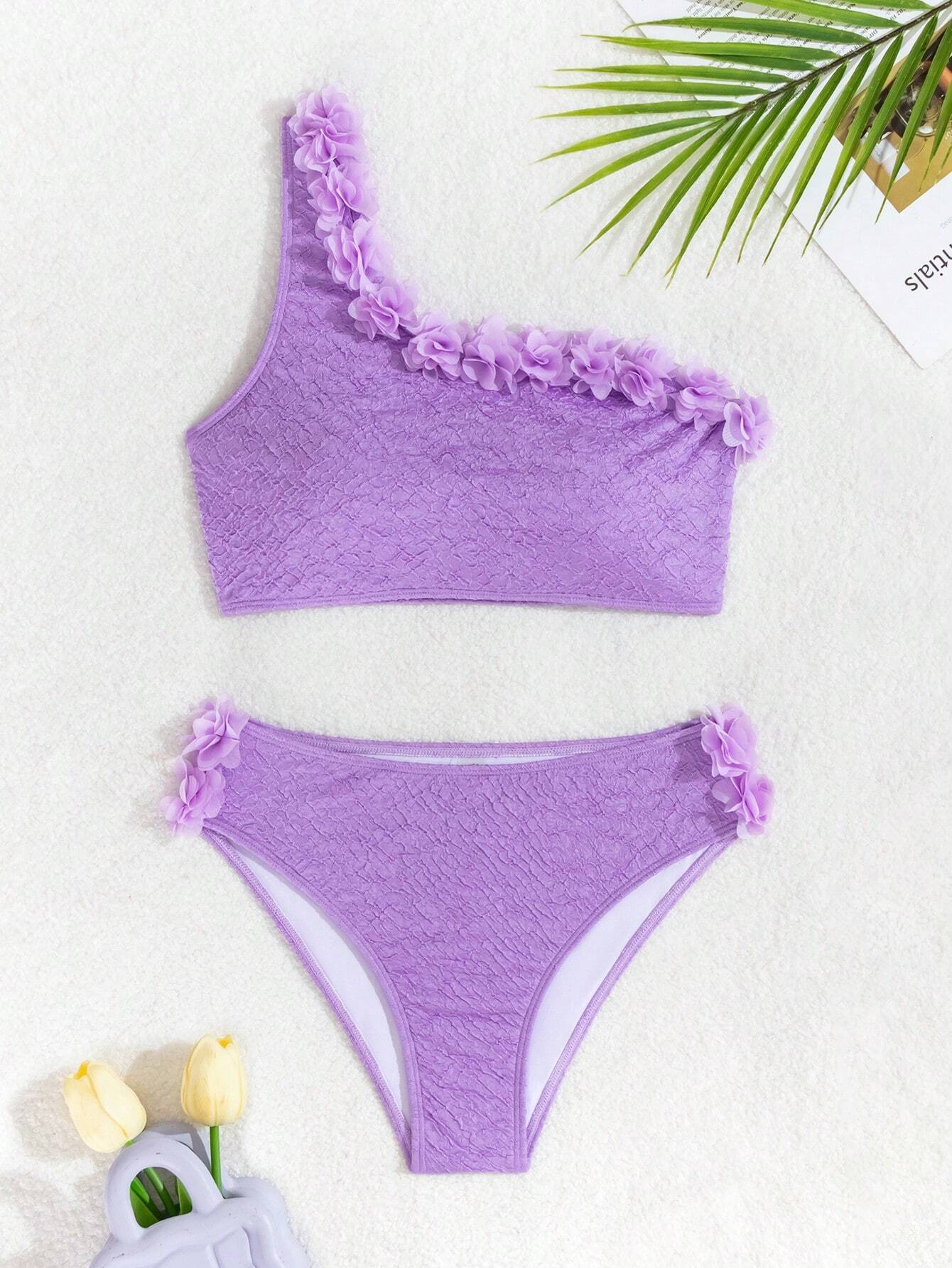 SHEIN Swim Vcay Women's Solid Color 3D Flower Decor One Shoulder Sexy Bikini