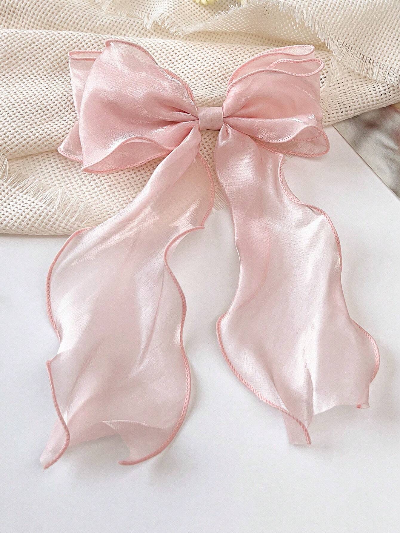 SHEIN 1pc Sweet Pink Princess Mesh Bow With Long Wavy Ribbon Spring Elegant