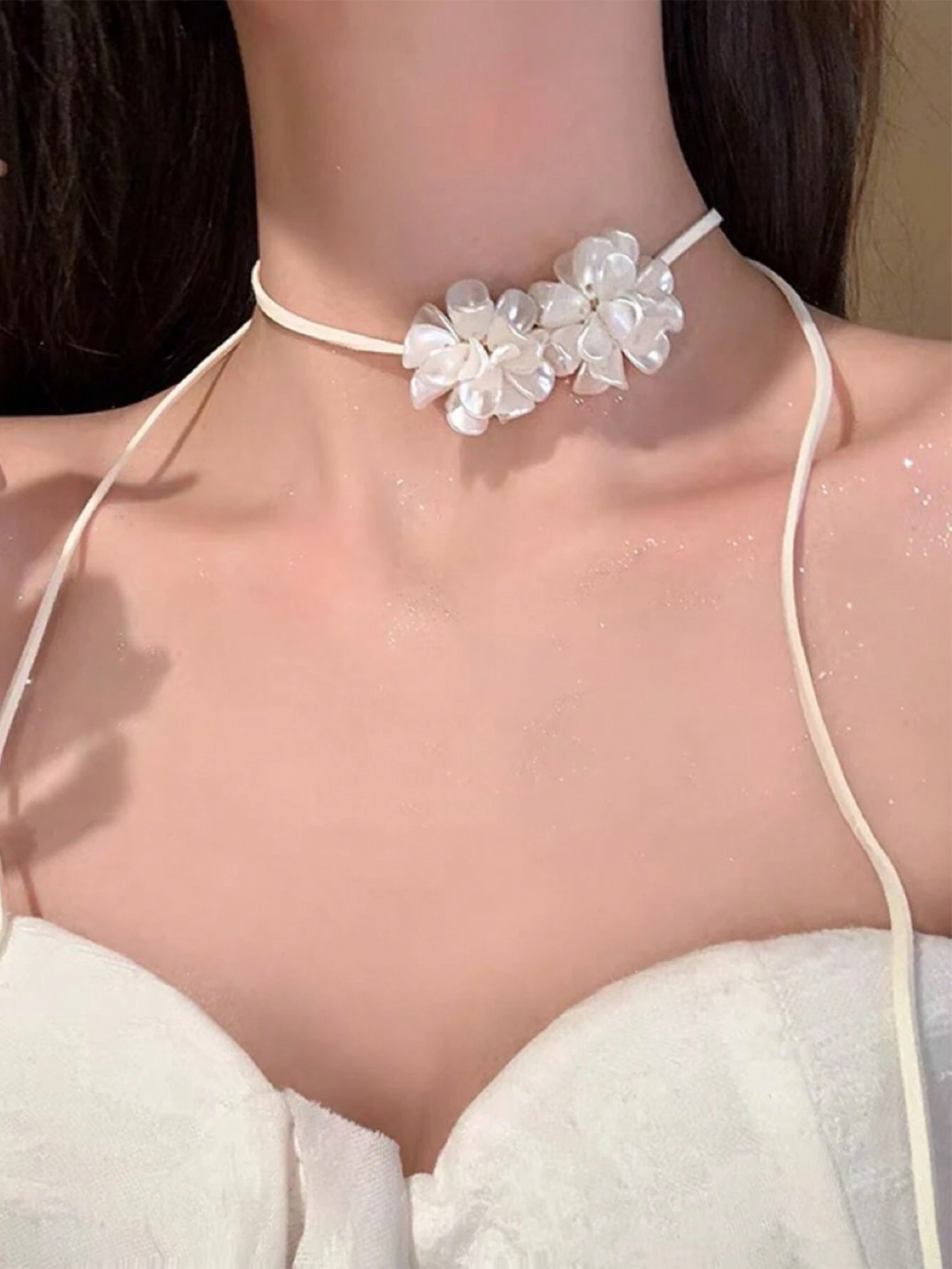 1pc Titanium Steel Tarnish-Resistant Silver Rose Flower Double Layer Leather Choker Necklace