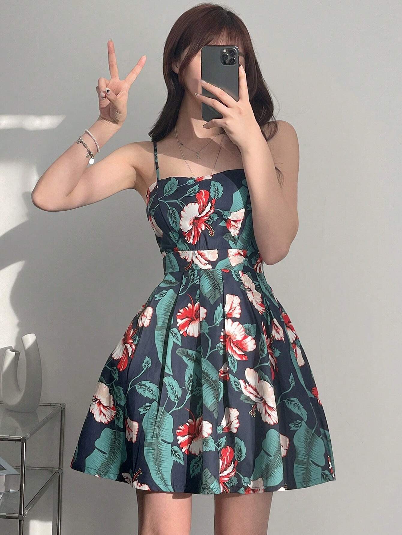 SHEIN DAZY Women's Floral Print Pleated Cami Dress Flower Dress - Image 3