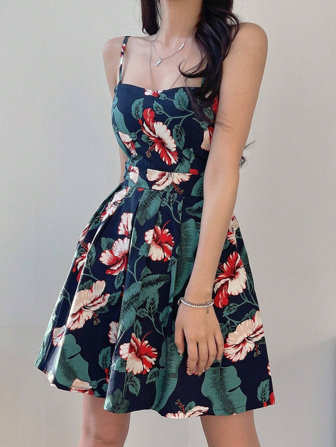 DAZY Women's Floral Print Pleated Cami Dress Flower Dress